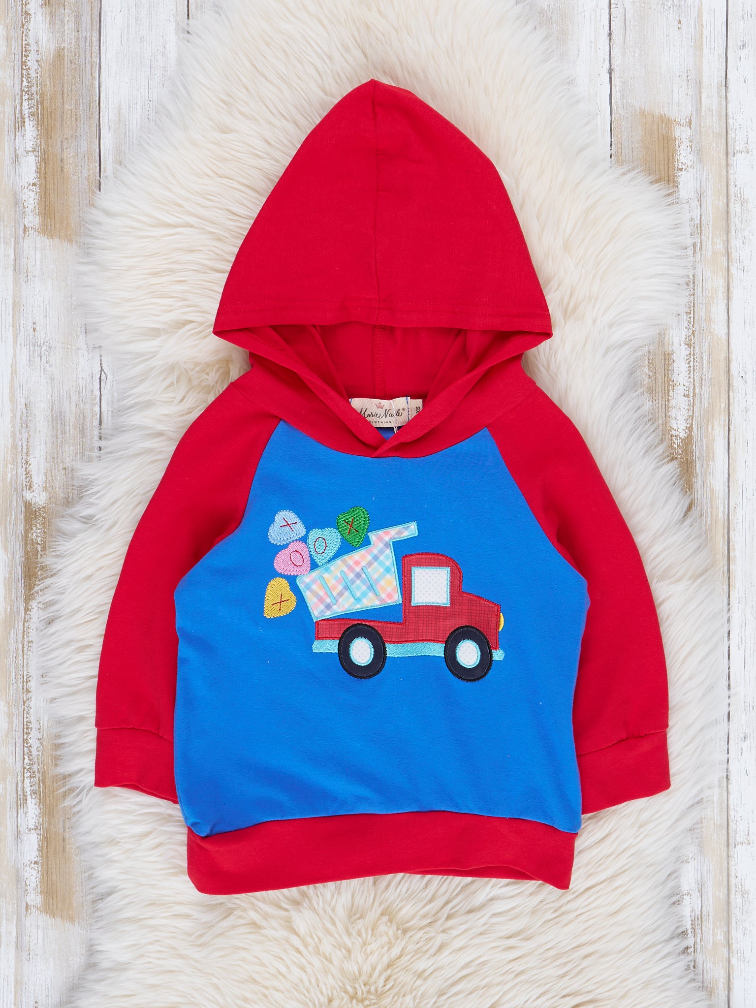 Blue & Red Raglan Candy Hearts Truck Hoodie - Marie Nicole Clothing