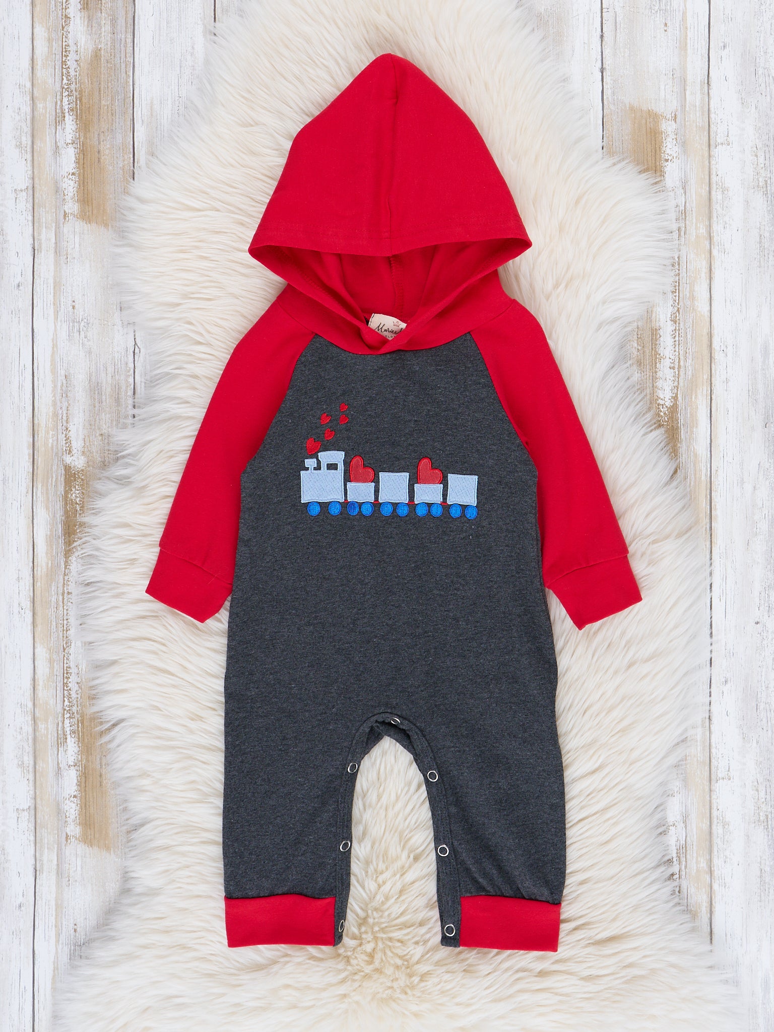 Grey & Red Raglan Candy Hearts Train Hoodie Romper - Marie Nicole Clothing