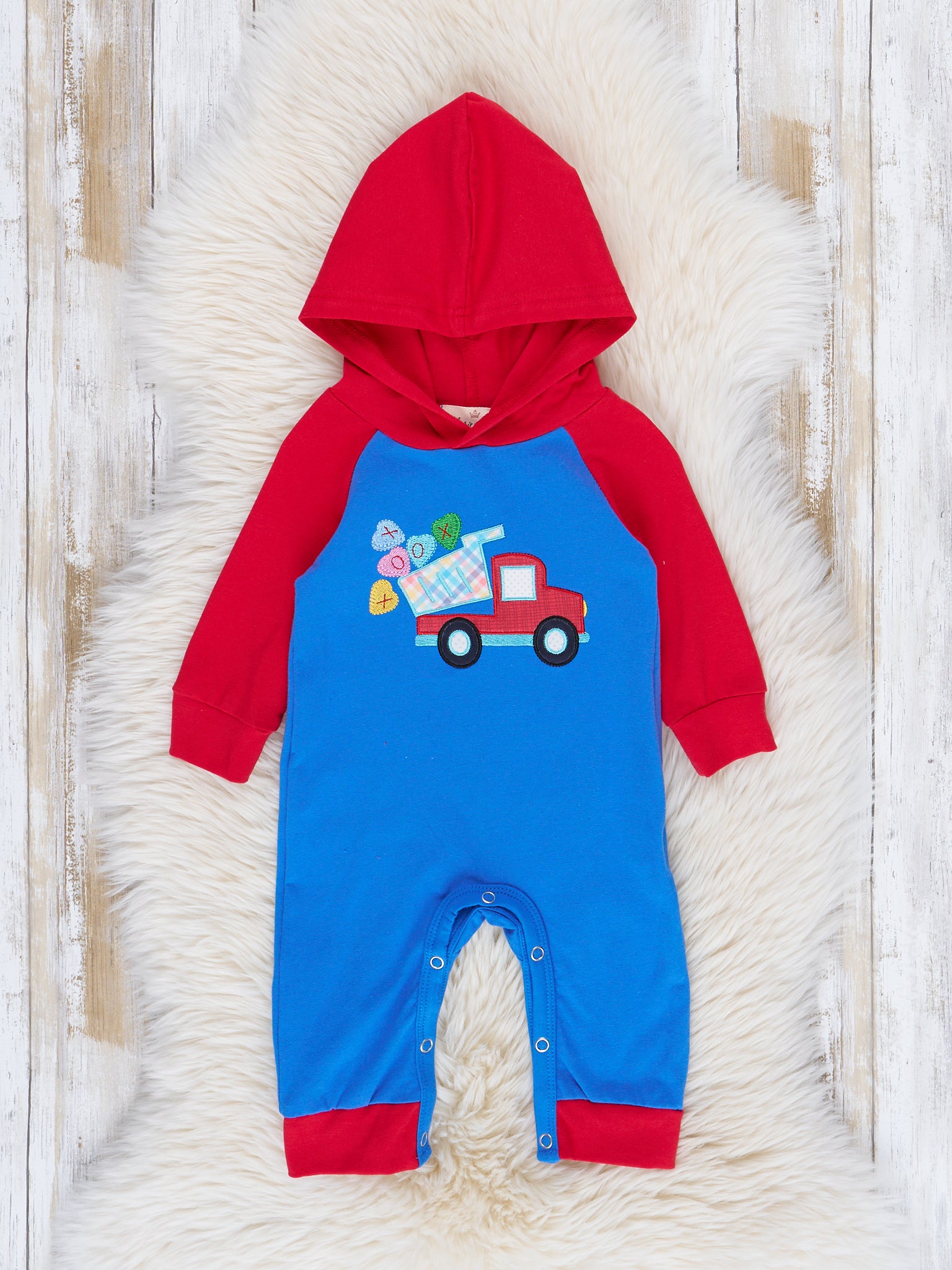 Blue & Red Raglan Candy Hearts Truck Hoodie Romper - Marie Nicole Clothing