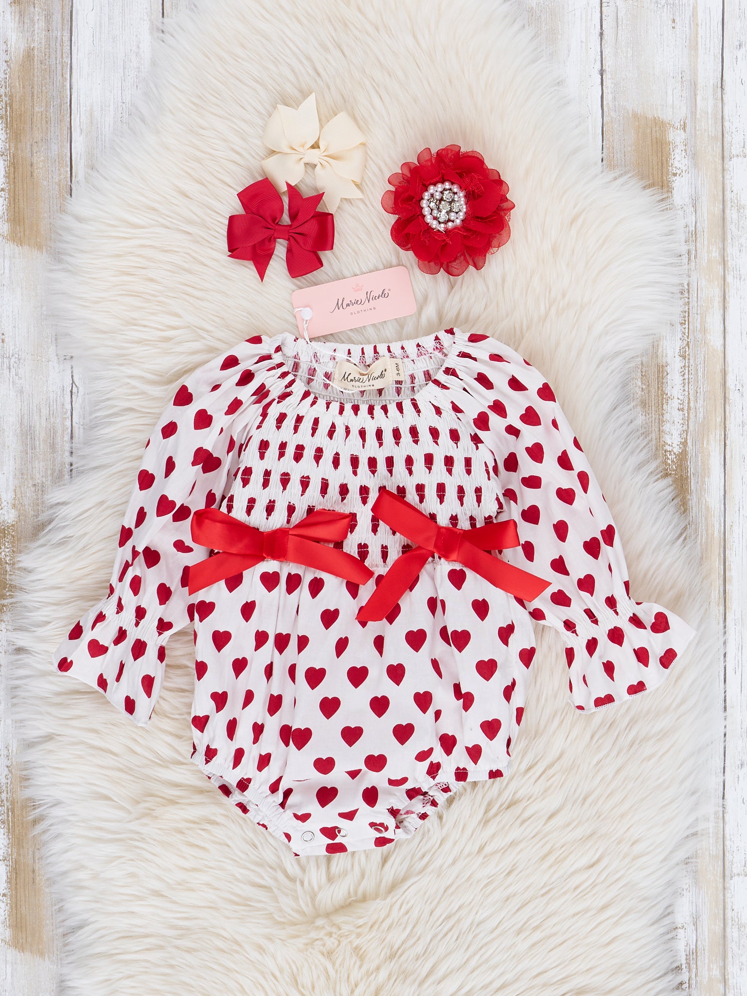 Red & White Hearts Bubble Romper - Marie Nicole Clothing