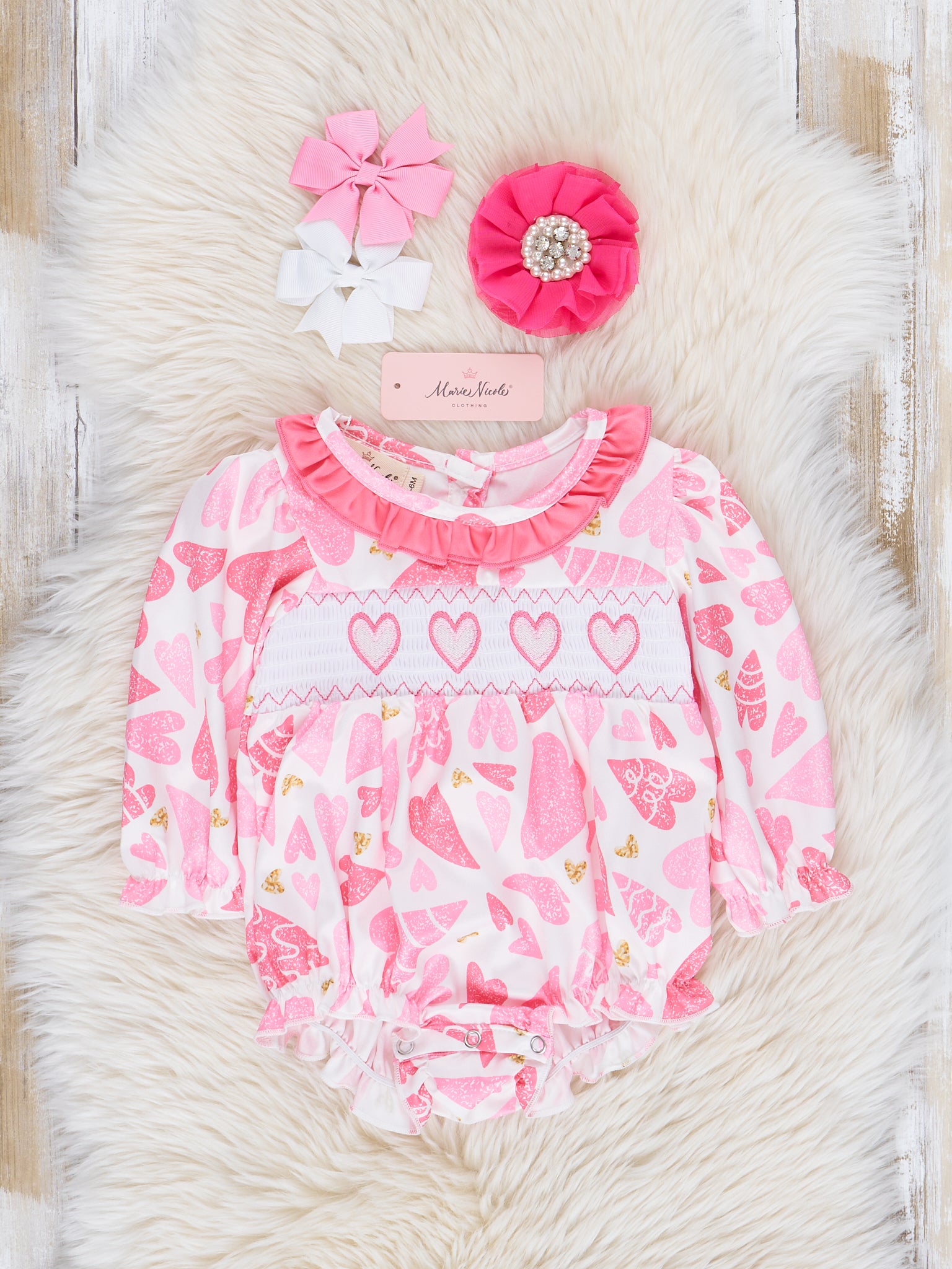 Pink Hearts Smocked Ruffle Bubble Romper - Marie Nicole Clothing