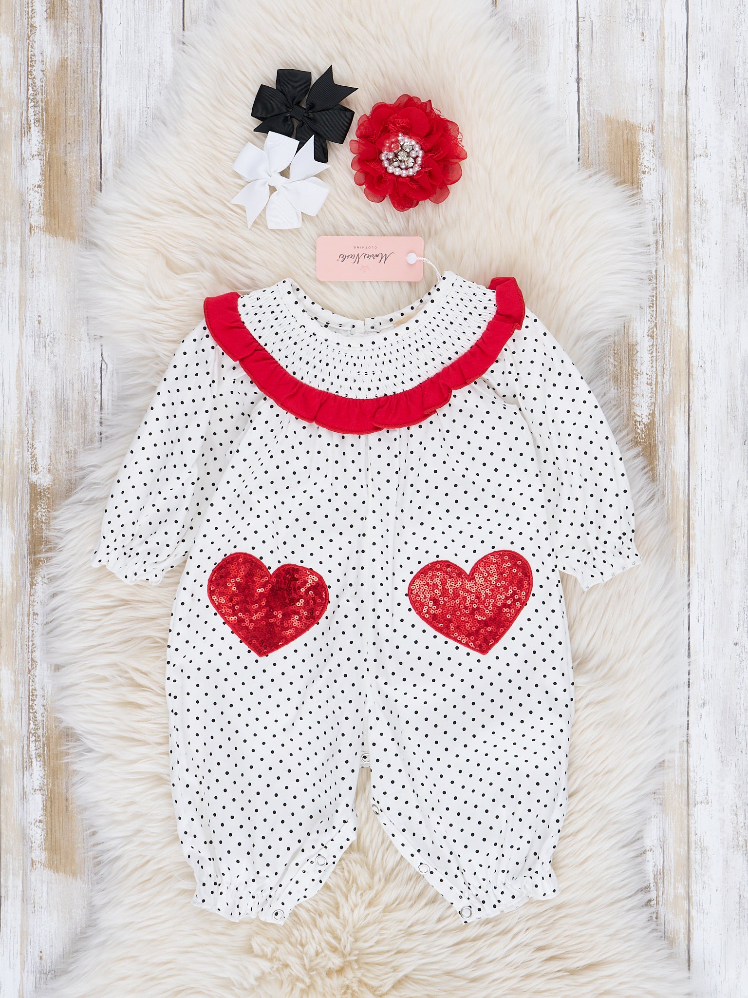 Red Sequin Hearts Smocked Ruffle Romper - Marie Nicole Clothing