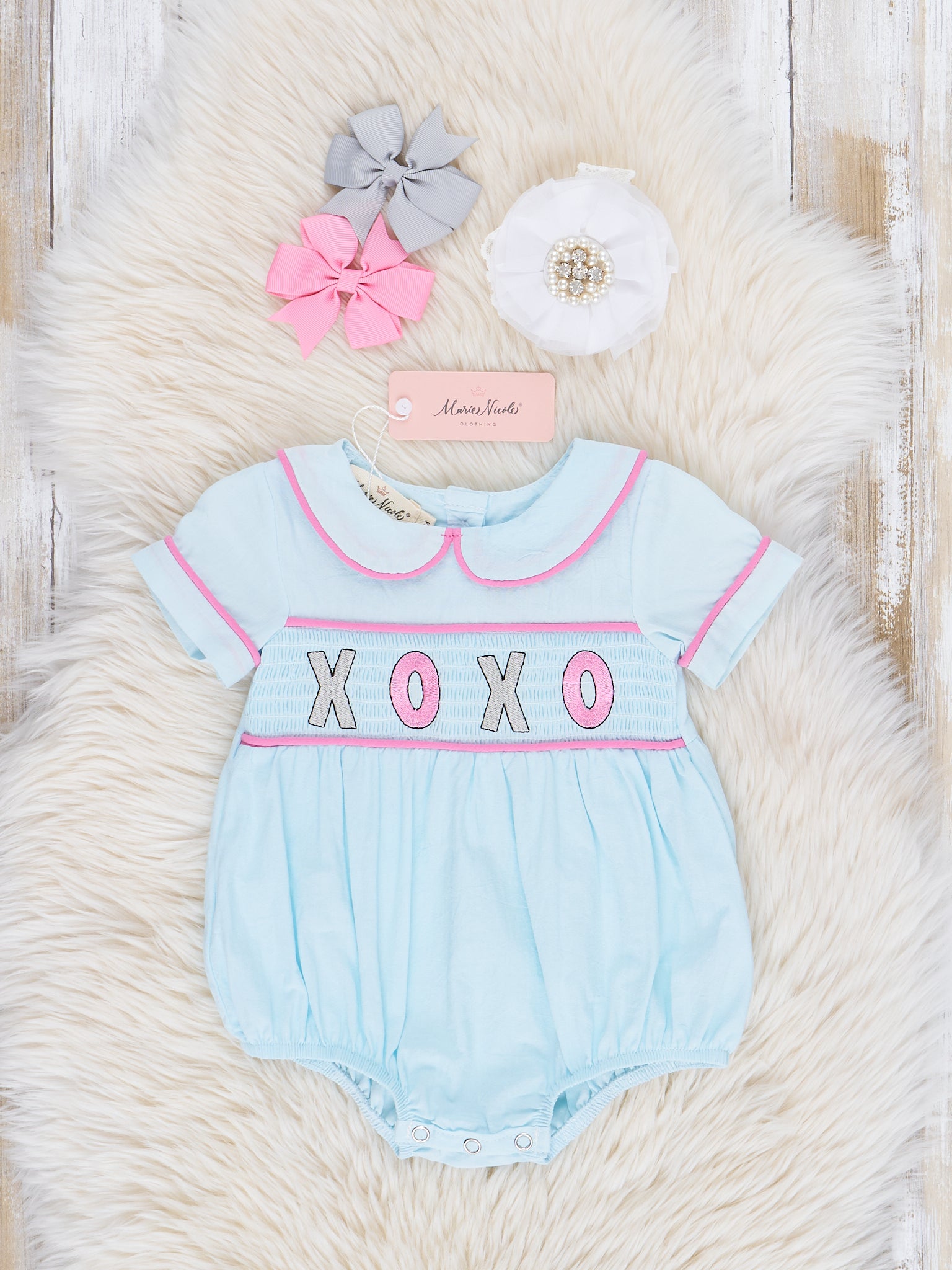 Light Blue Smocked XOXO Ruffle Bubble Romper - Marie Nicole Clothing