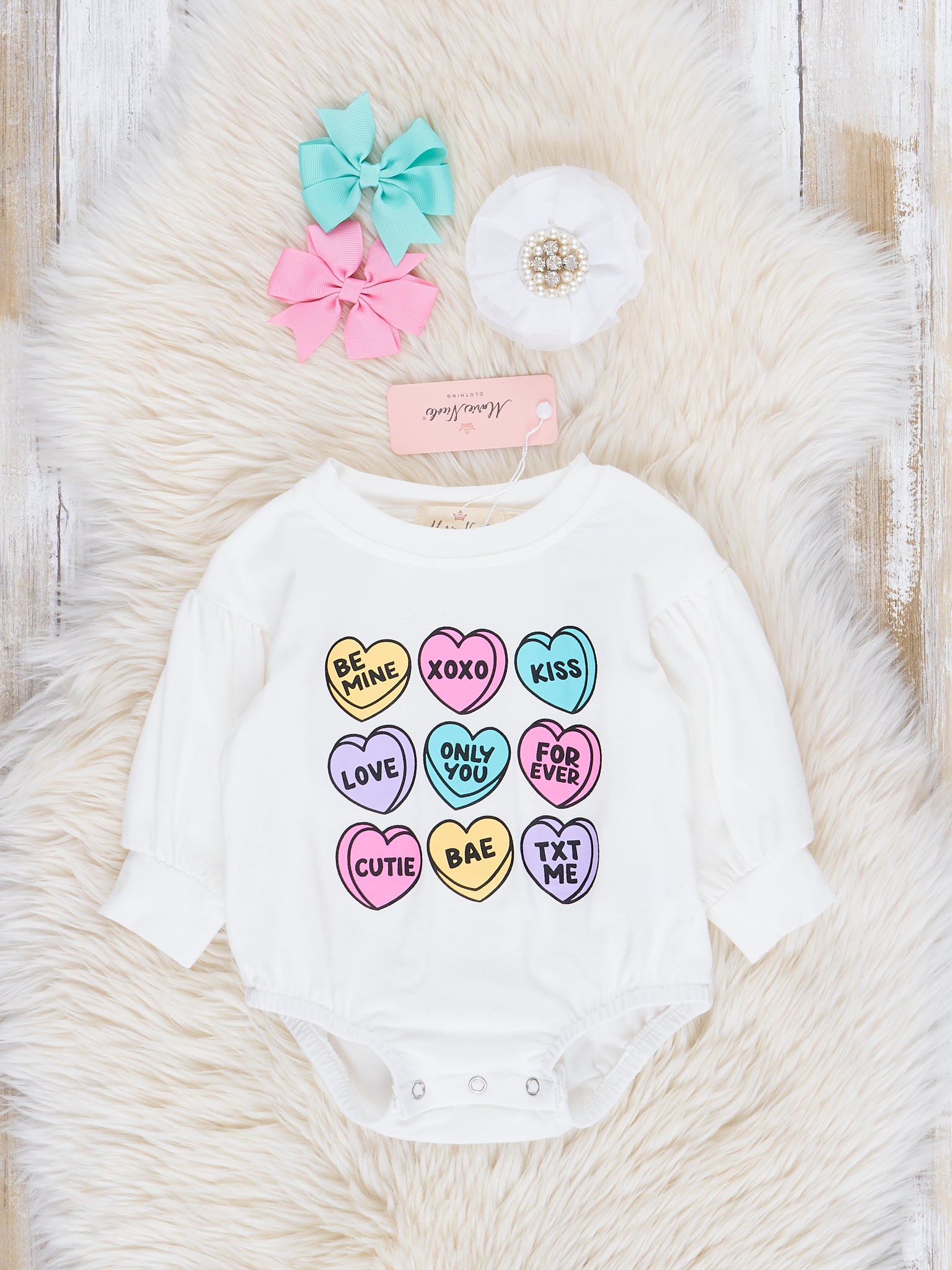 White Candy Hearts Crew Neck Bubble Romper - Marie Nicole Clothing