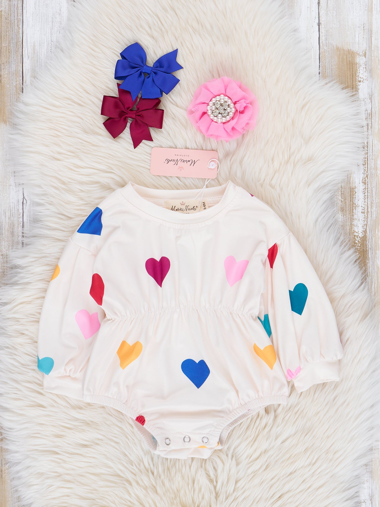 White Rainbow Hearts Ruffle Bubble Romper - Marie Nicole Clothing