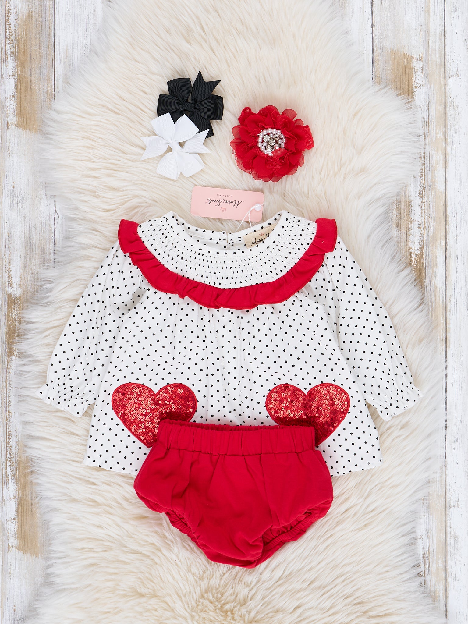 Red Sequin Hearts Smocked Ruffle Outfit - Marie Nicole Clothing
