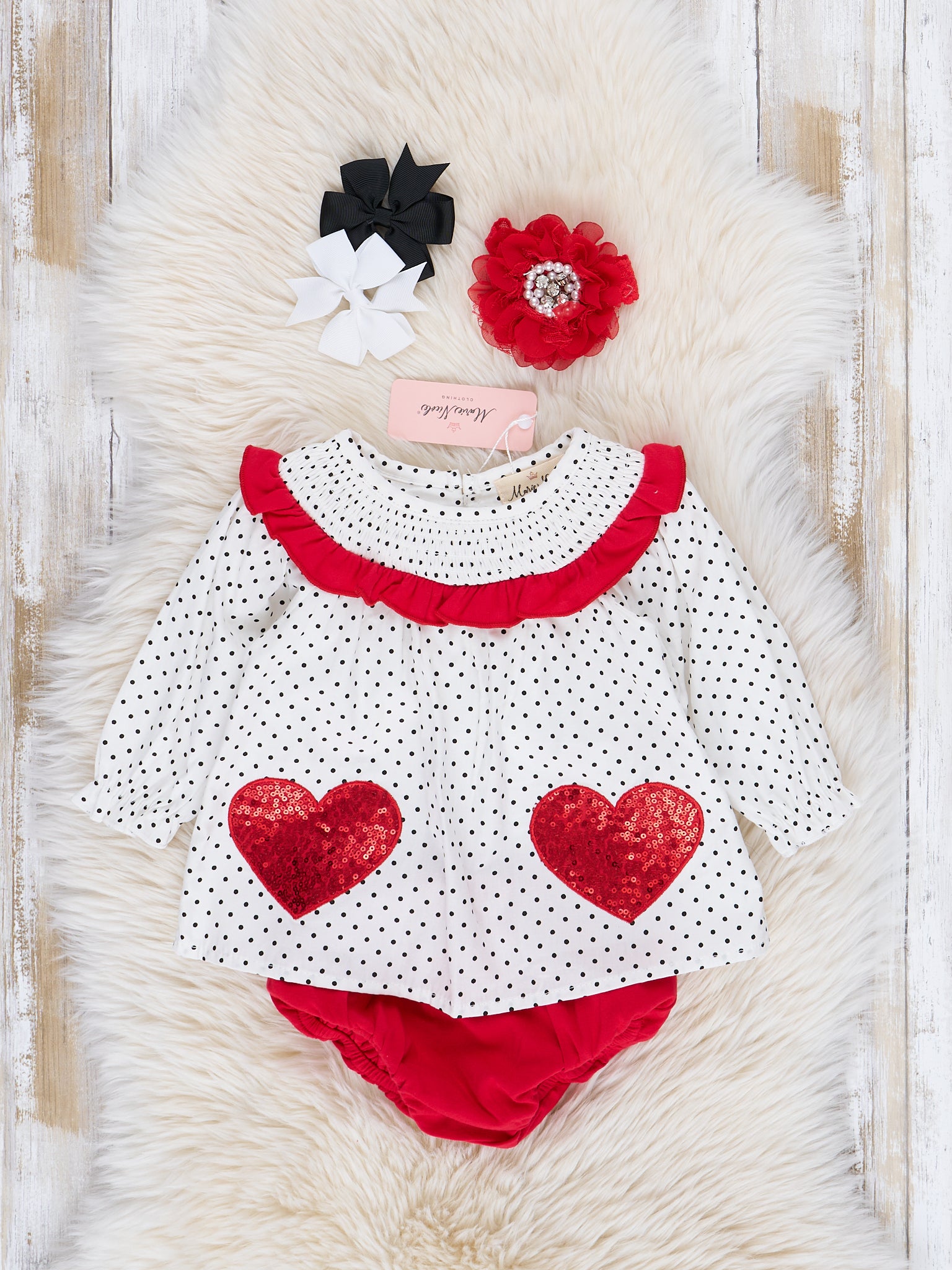 Red Sequin Hearts Smocked Ruffle Outfit - Marie Nicole Clothing