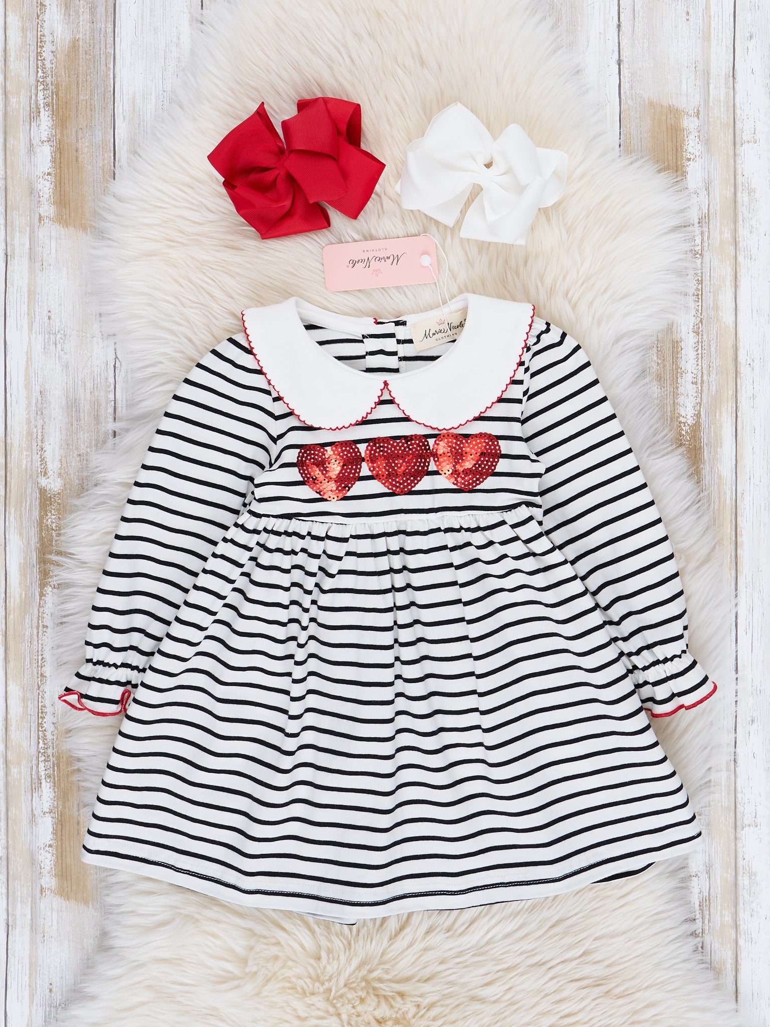 Black & White Stripe Hearts Ruffle Dress - Marie Nicole Clothing