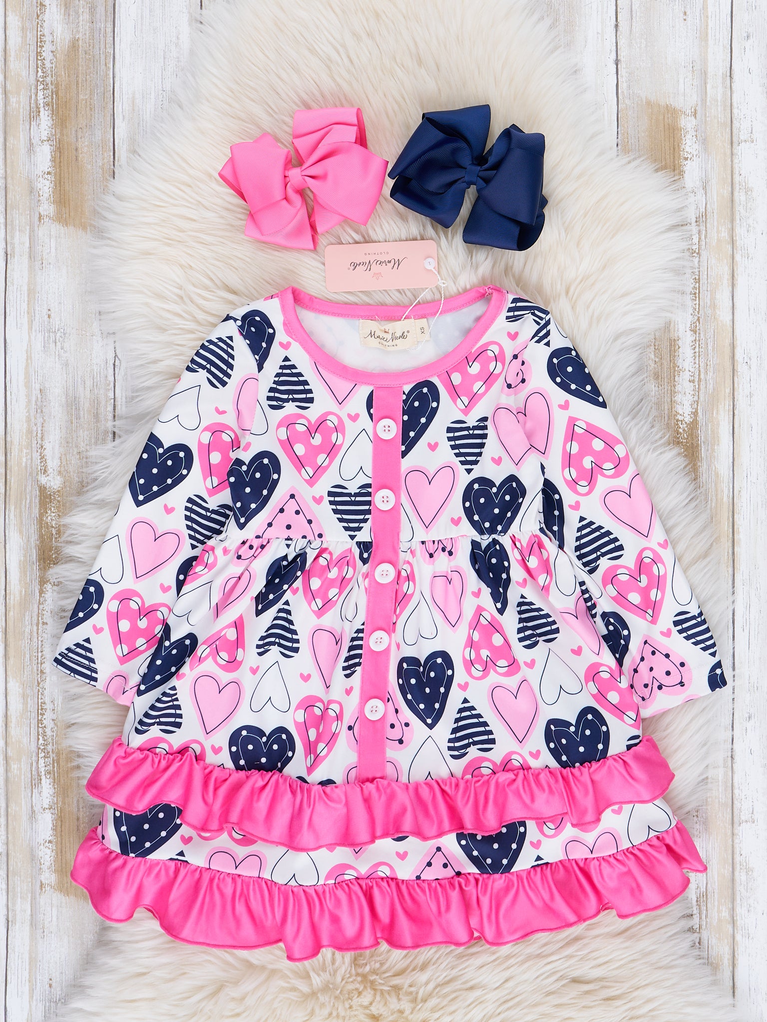 Pink Heart of Hearts Double Tiered Ruffle Dress - Marie Nicole Clothing