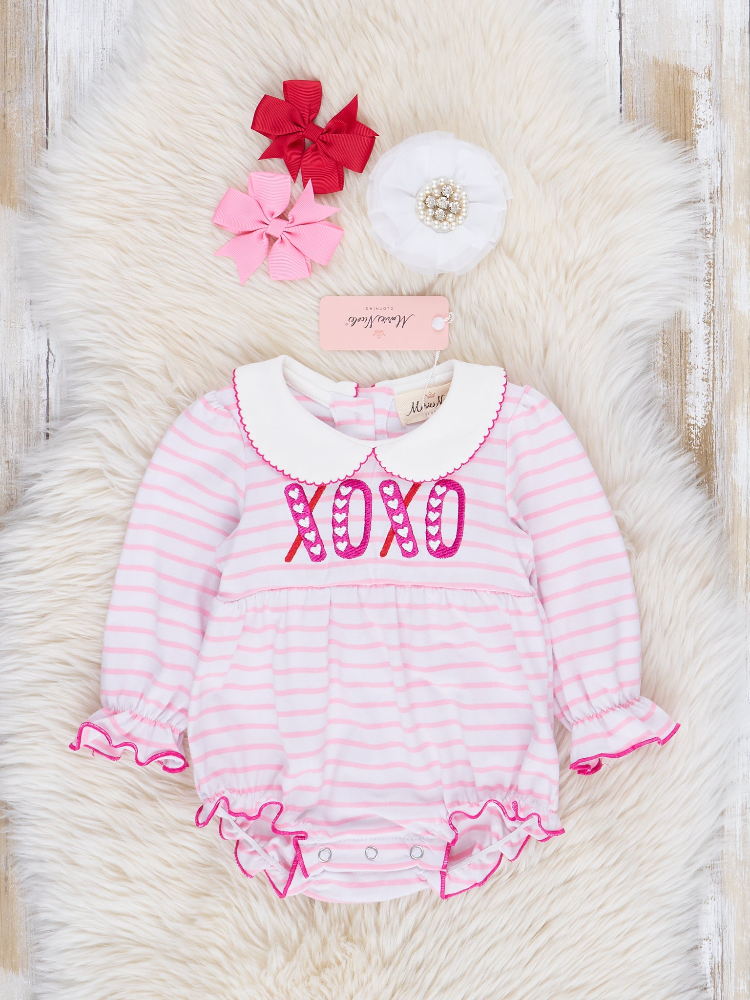 Pink & White Stripe XOXO Ruffle Bubble Romper - Marie Nicole Clothing