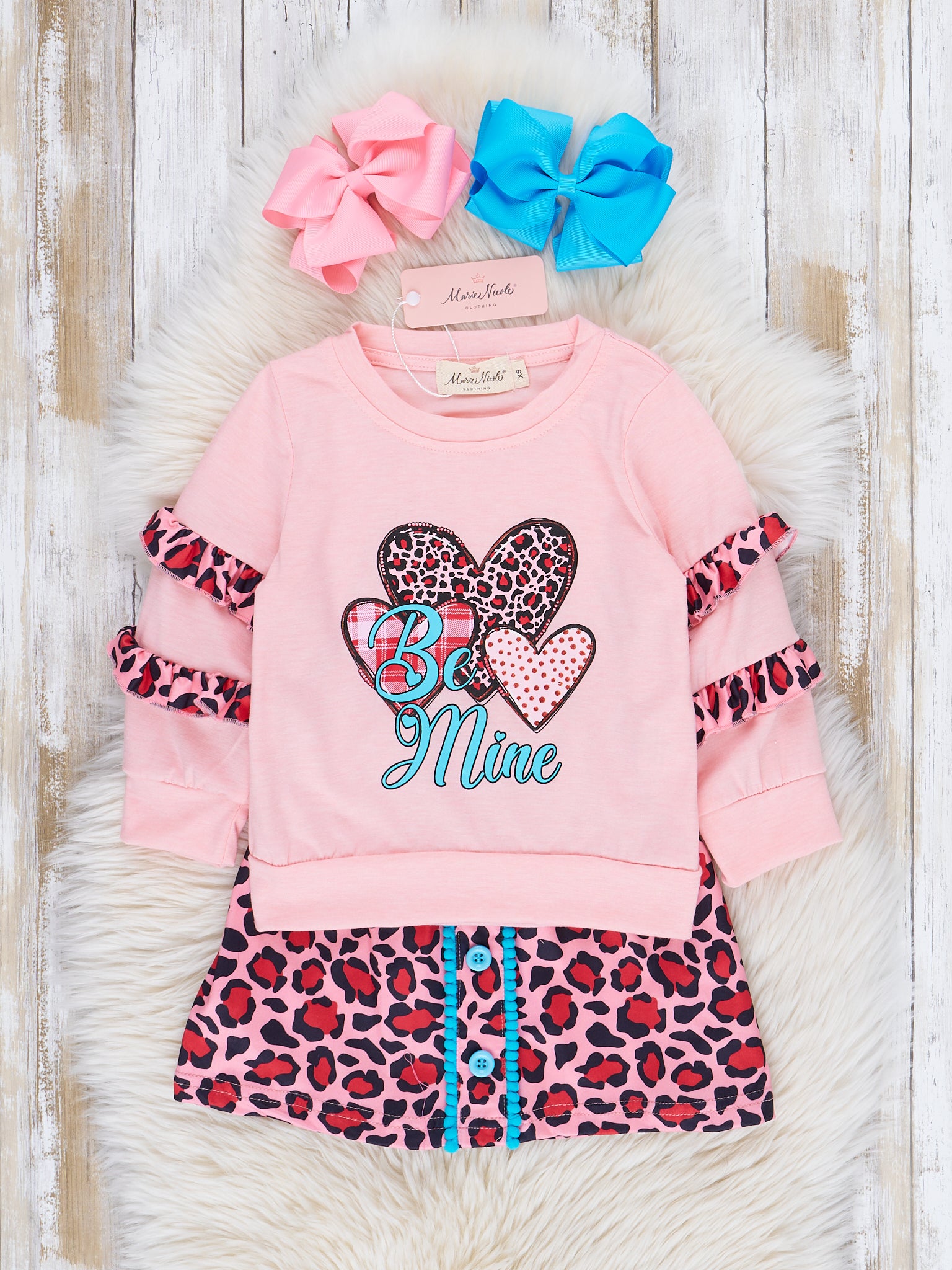 Pink & Leopard Hearts "Be Mine" Ruffle Outfit w/ Skirt - Marie Nicole Clothing