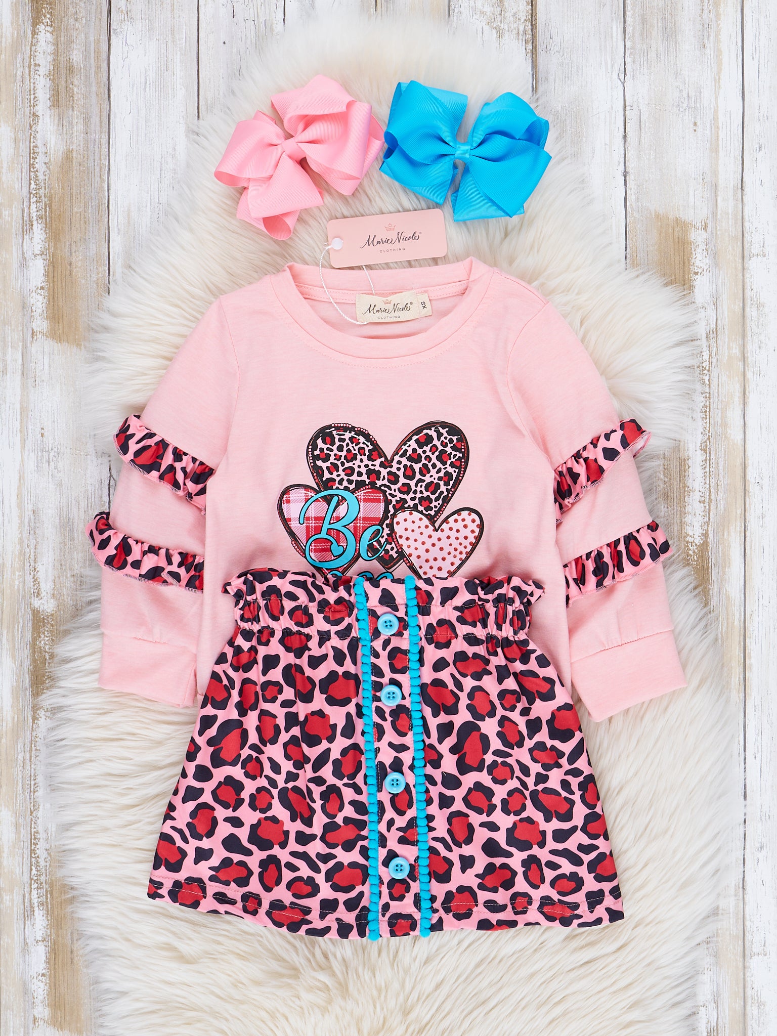 Pink & Leopard Hearts "Be Mine" Ruffle Outfit w/ Skirt - Marie Nicole Clothing