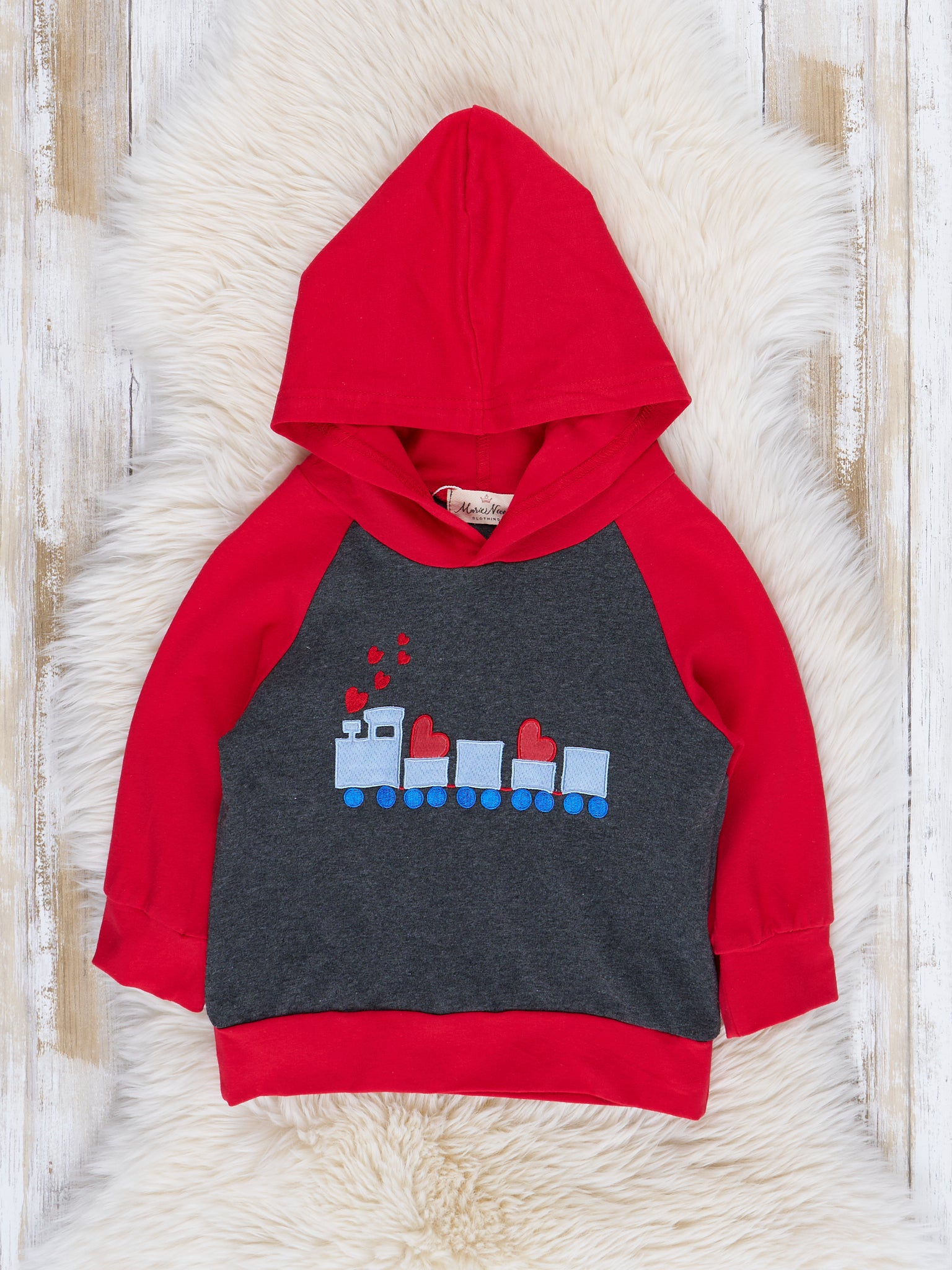 Grey & Red Raglan Candy Hearts Train Hoodie - Marie Nicole Clothing