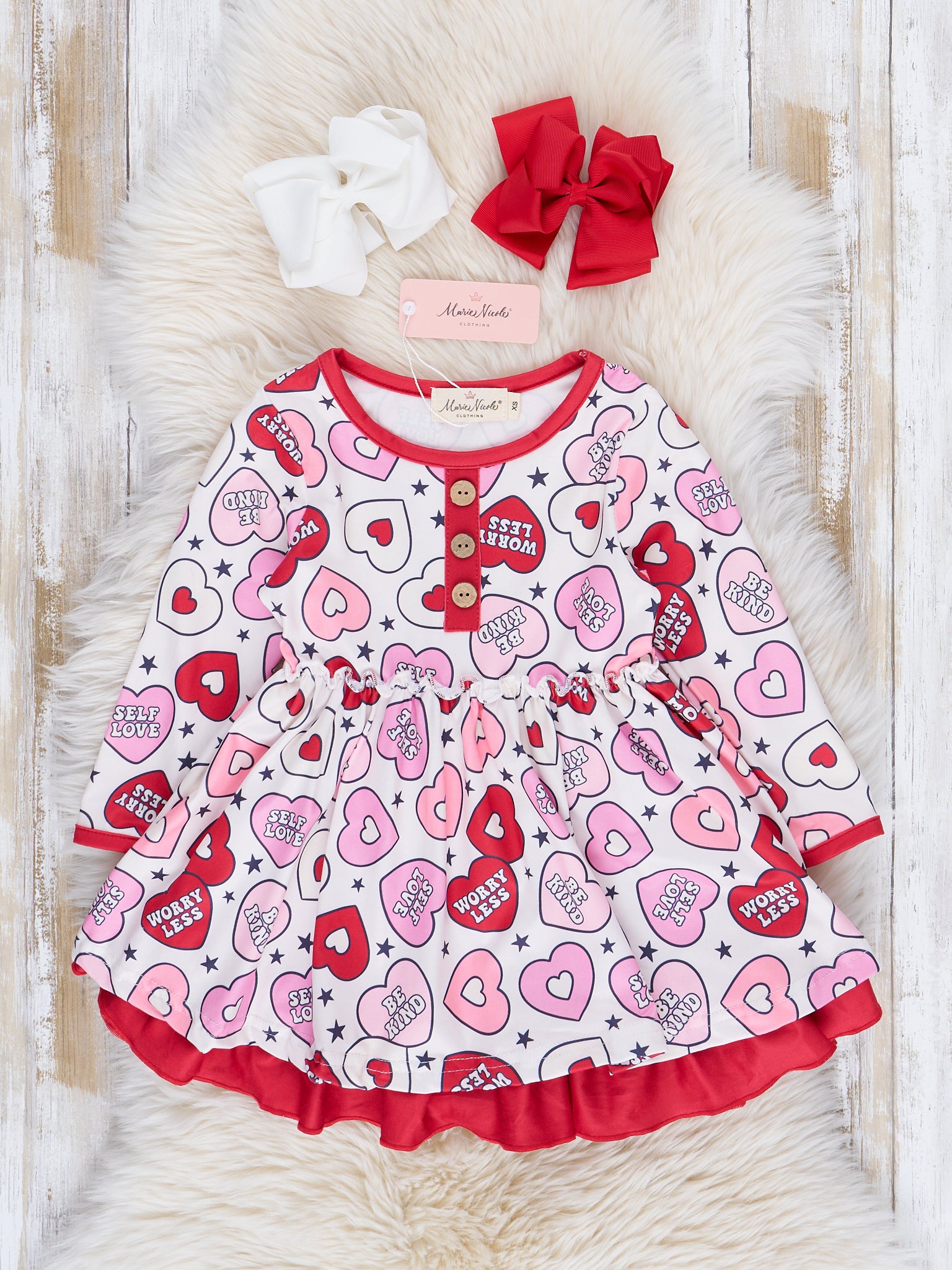 Pink & Red Hearts Sweet Valentine Tiered Ruffle Dress - Marie Nicole Clothing