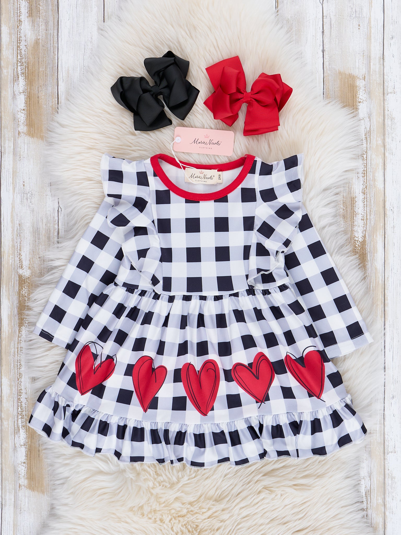 Black & White Gingham Hearts Ruffle Dress - Marie Nicole Clothing