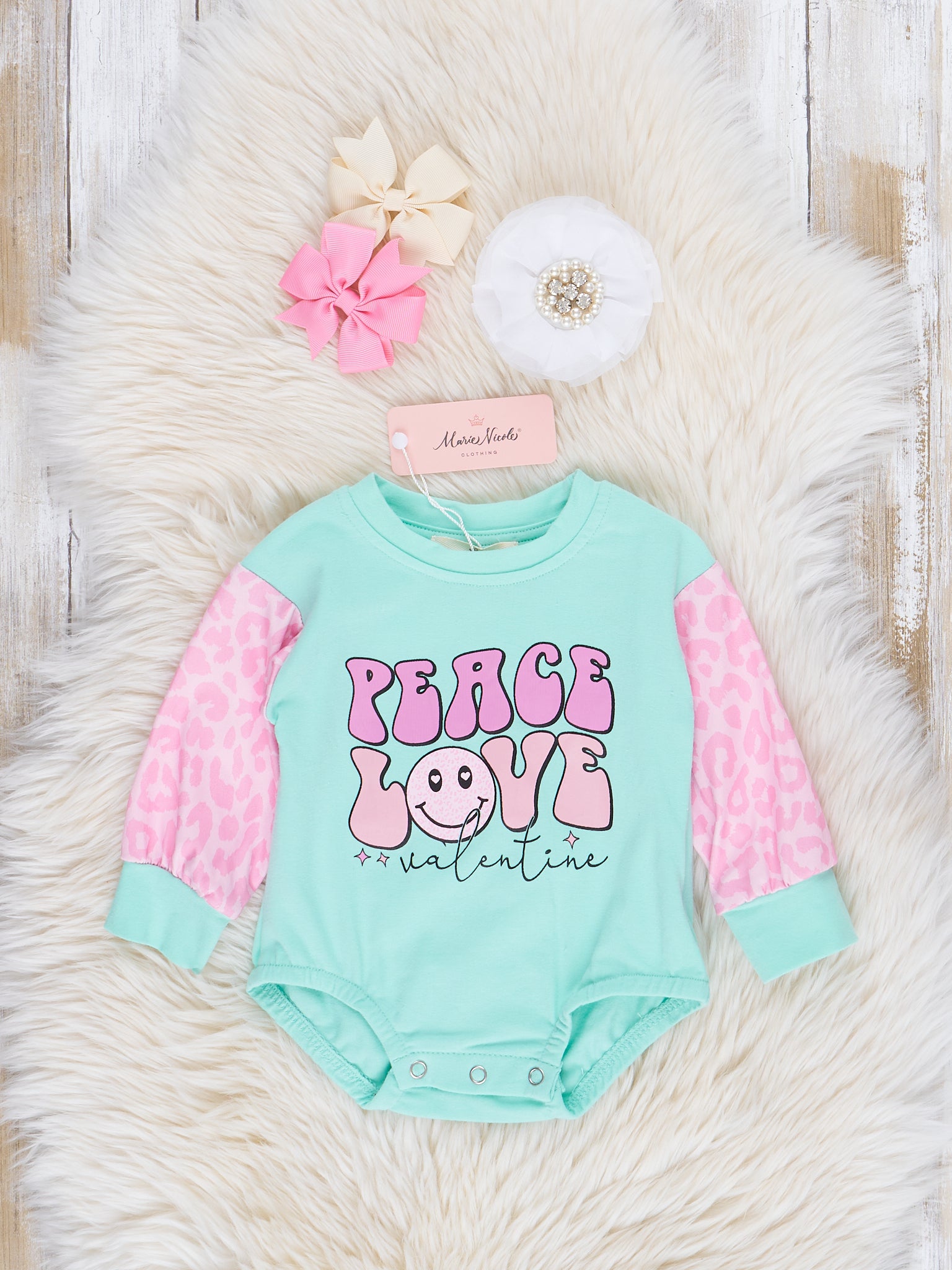 Teal & Pink Peace, Love, & Valentine Bubble Romper - Marie Nicole Clothing