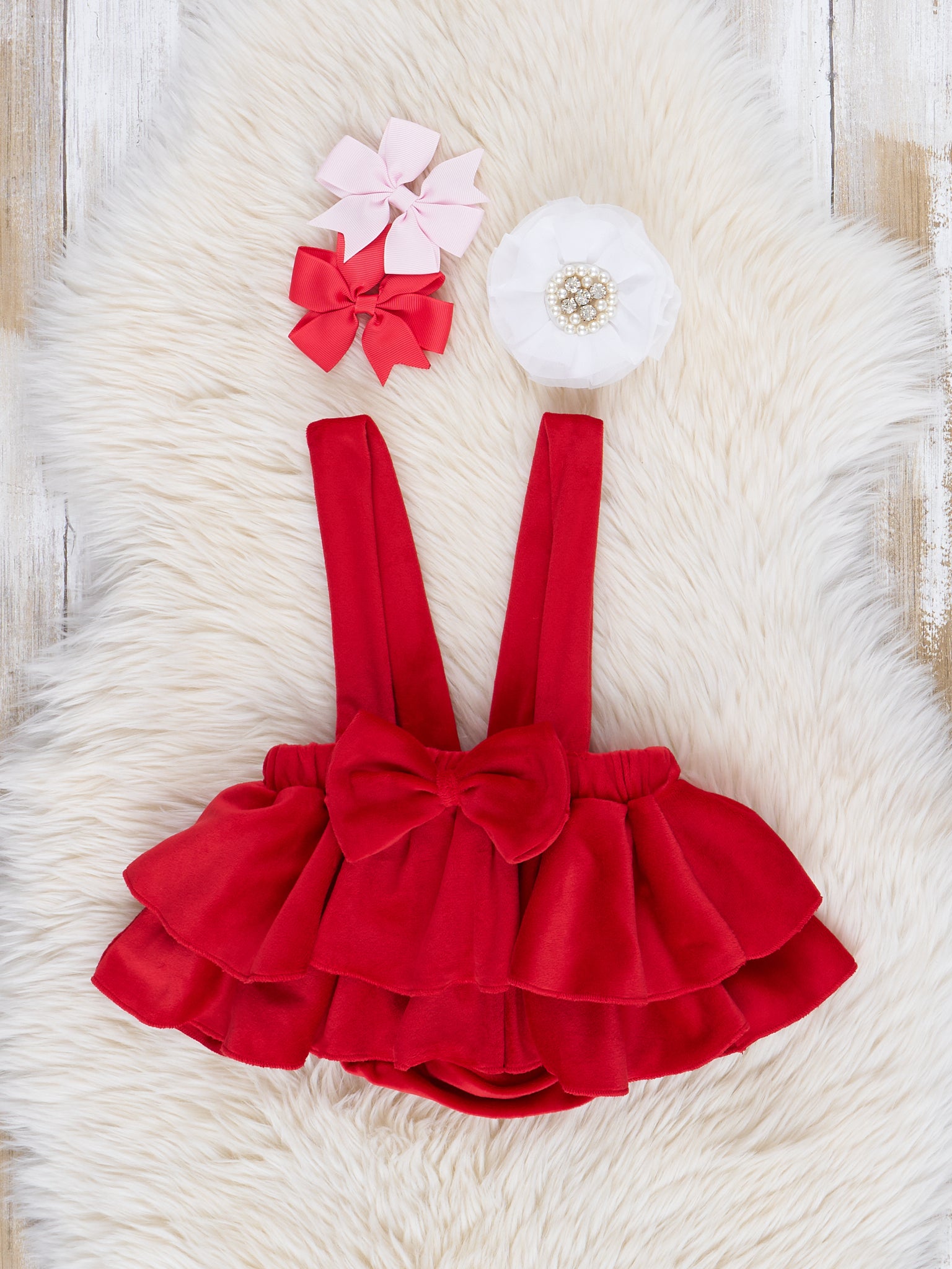 Red Velvet Falling Hearts Bubble Overalls Set - Marie Nicole Clothing