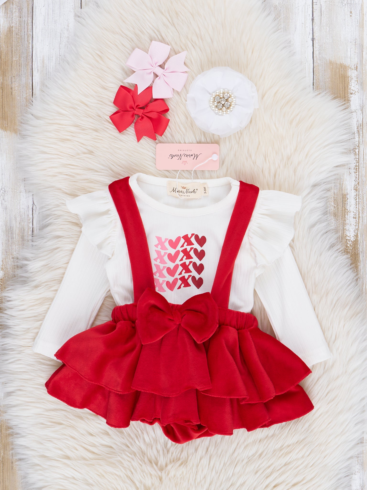Red Velvet Falling Hearts Bubble Overalls Set - Marie Nicole Clothing