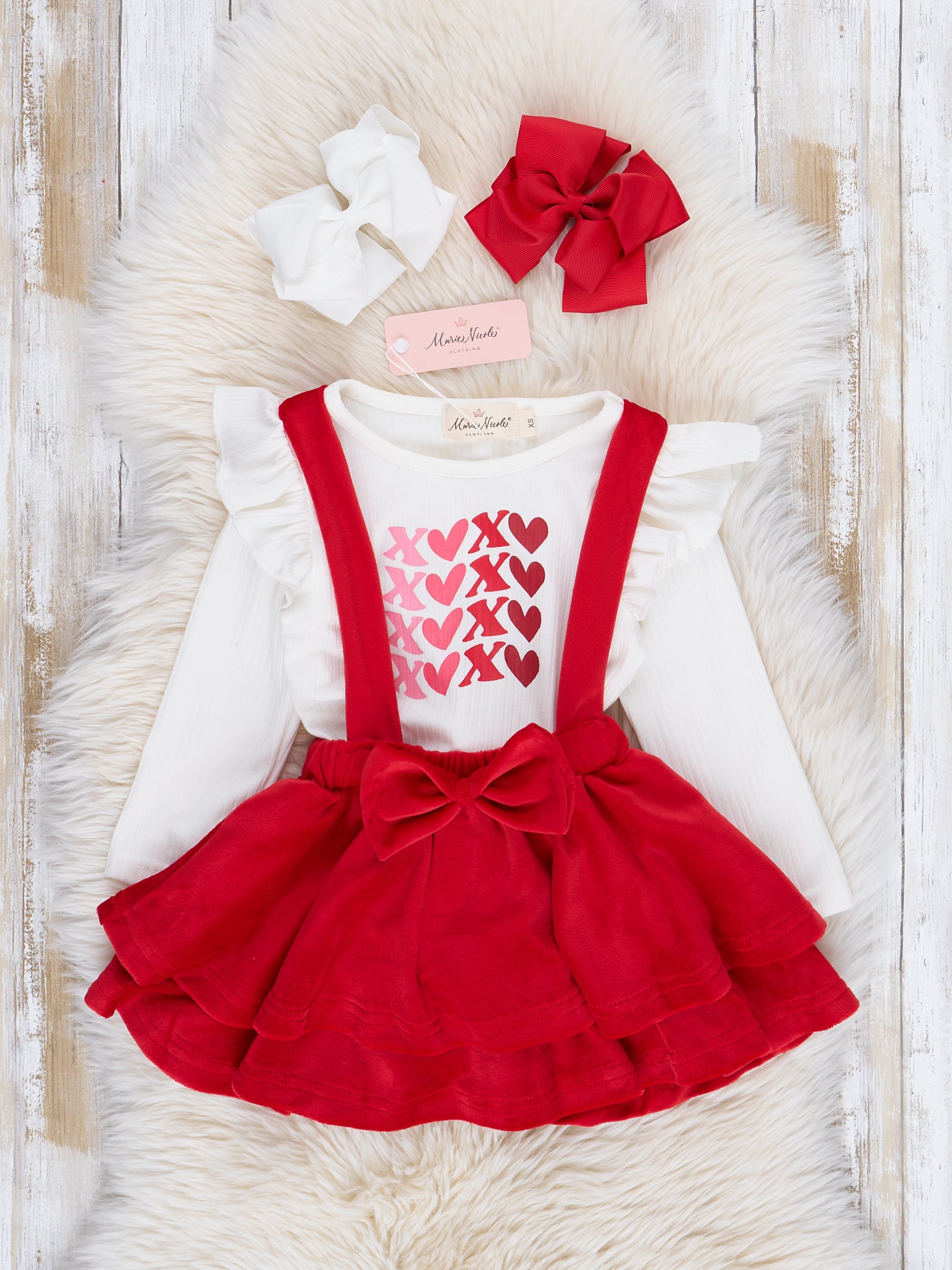 Red Velvet Falling Hearts Skirt Overalls Set - Marie Nicole Clothing