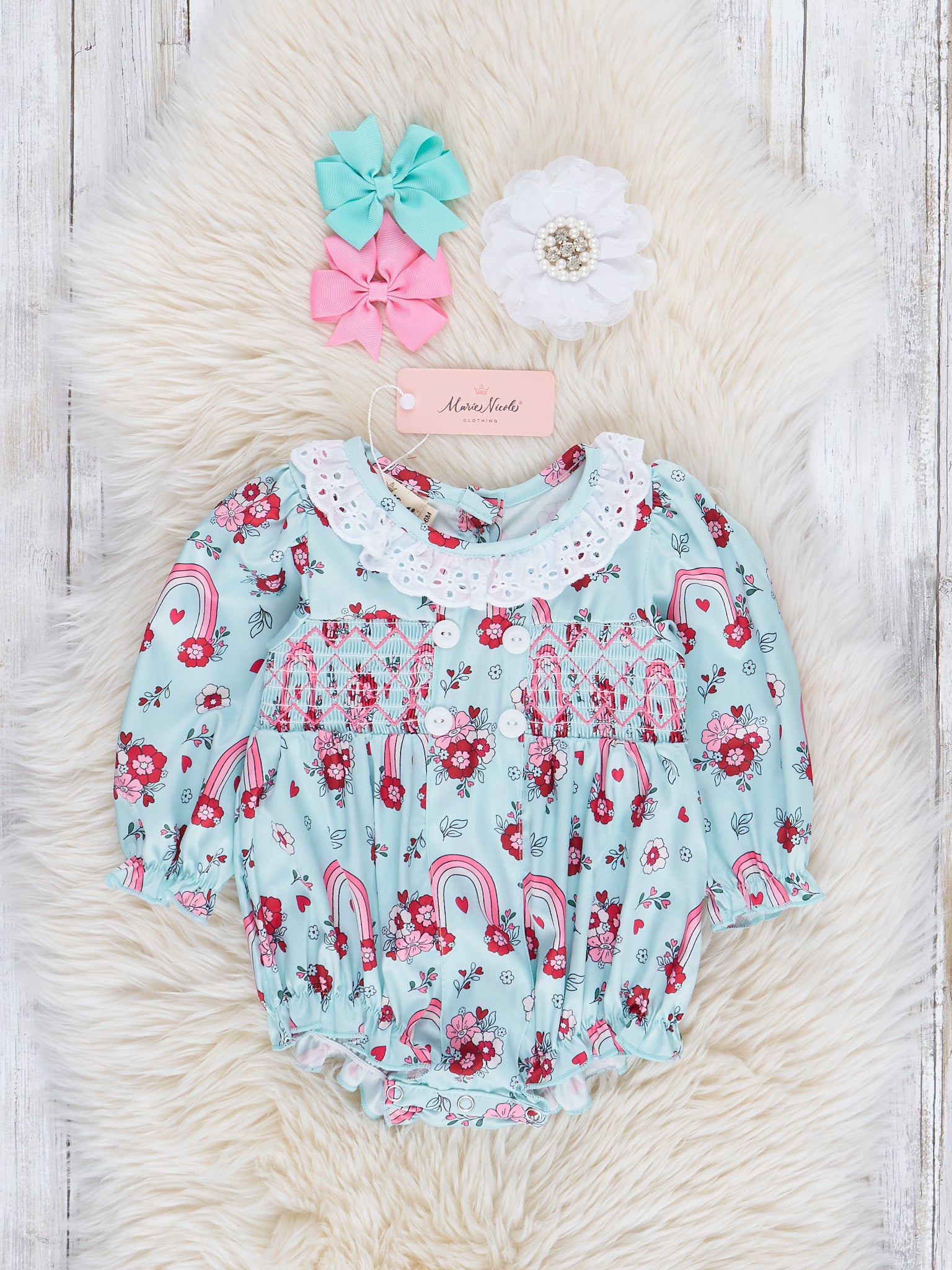 Mint Lace & Floral Rainbow Smocked Ruffle Bubble Romper - Marie Nicole Clothing