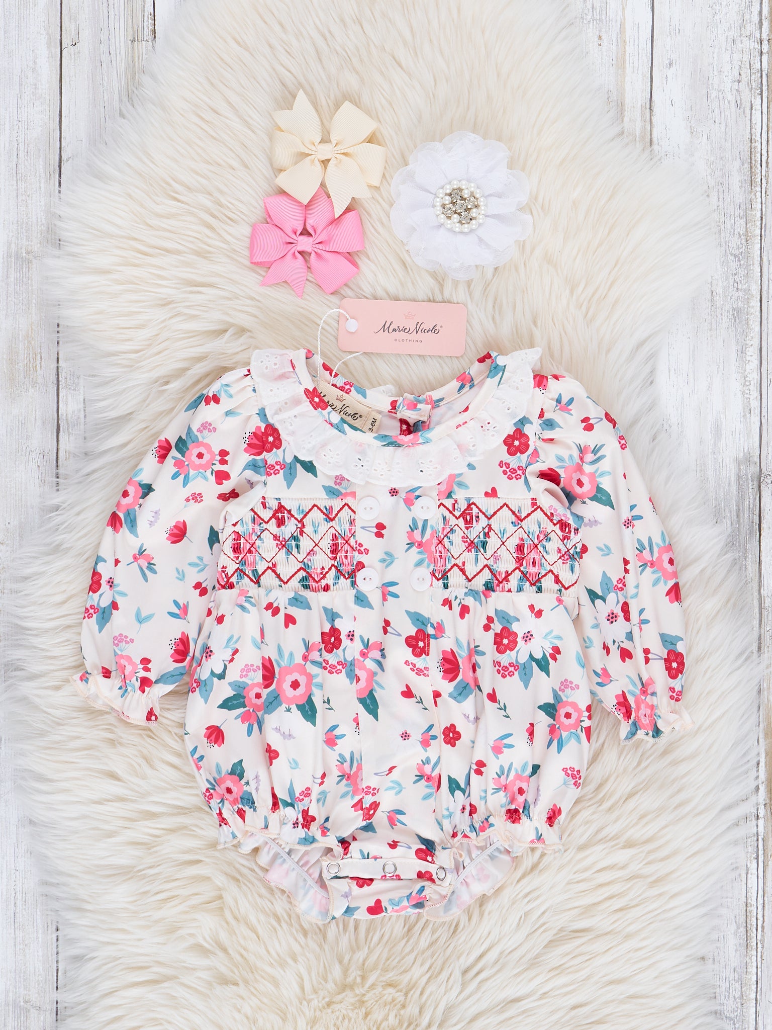 Cream Poinsettia Love Smocked Bubble Romper - Marie Nicole Clothing