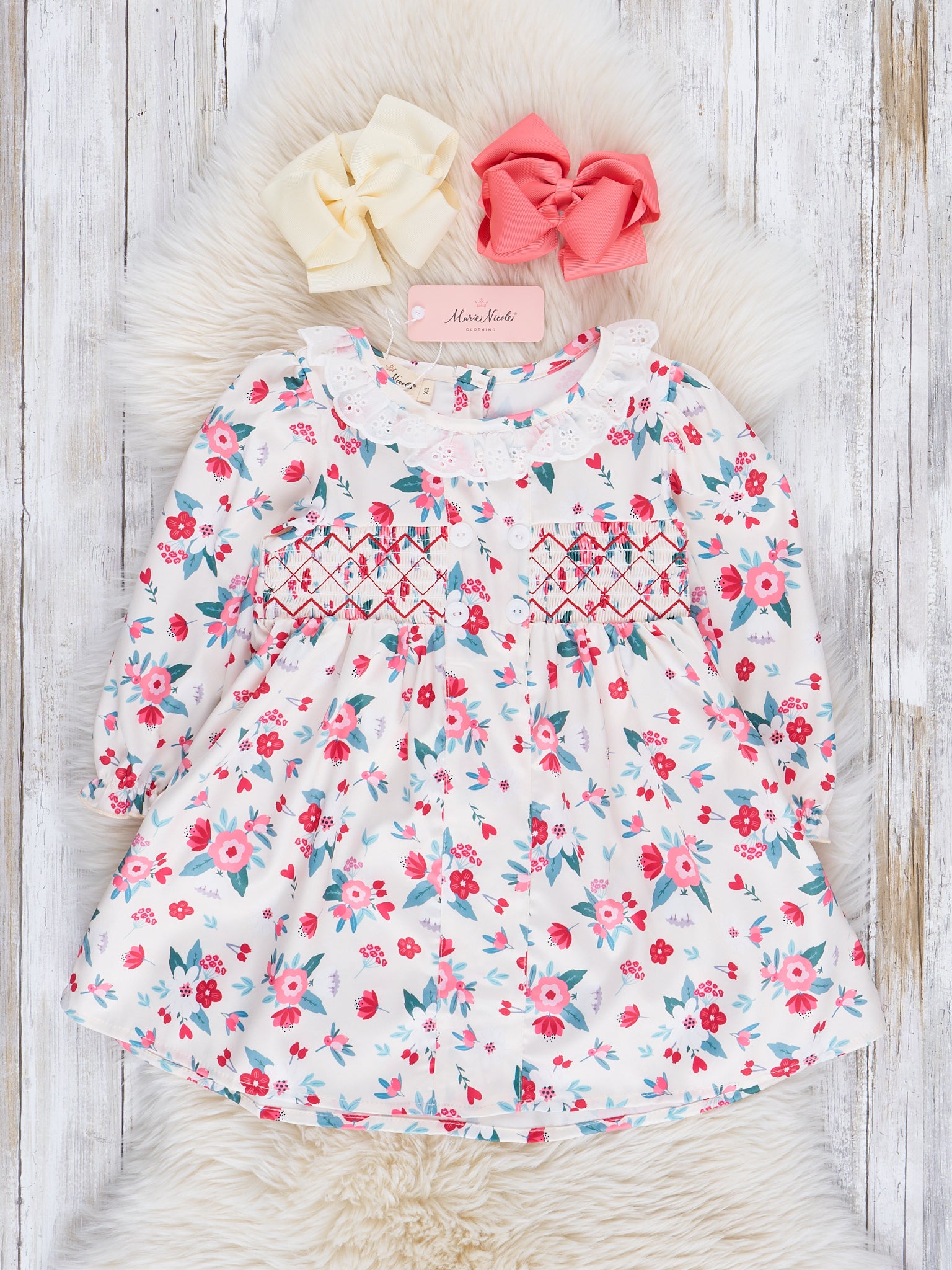 Cream Poinsettia Love Smocked Dress - Marie Nicole Clothing