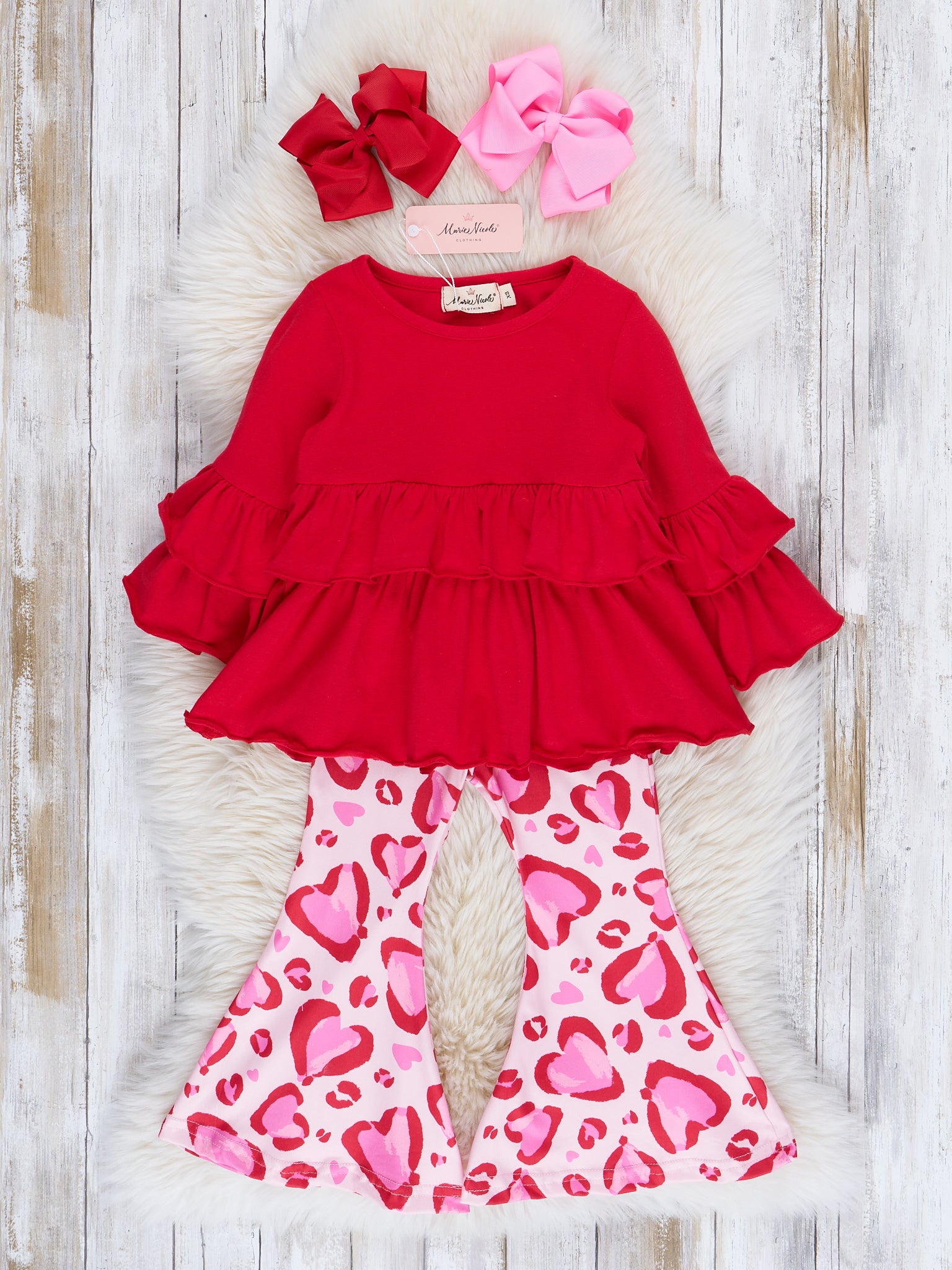 Pink & Red Hearts Ruffle Bell Bottom Outfit - Marie Nicole Clothing
