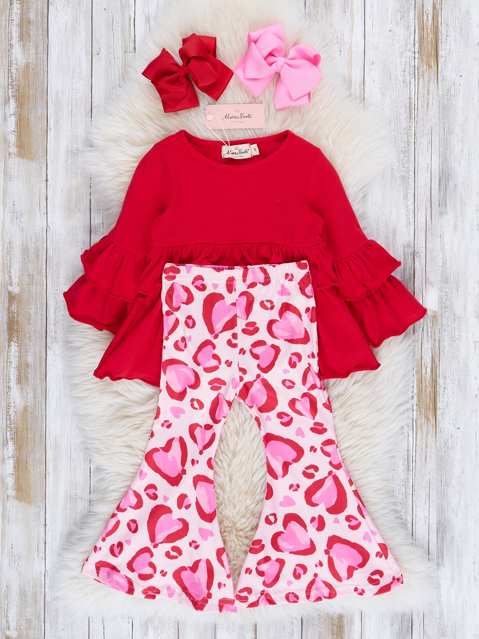Pink & Red Hearts Ruffle Bell Bottom Outfit - Marie Nicole Clothing