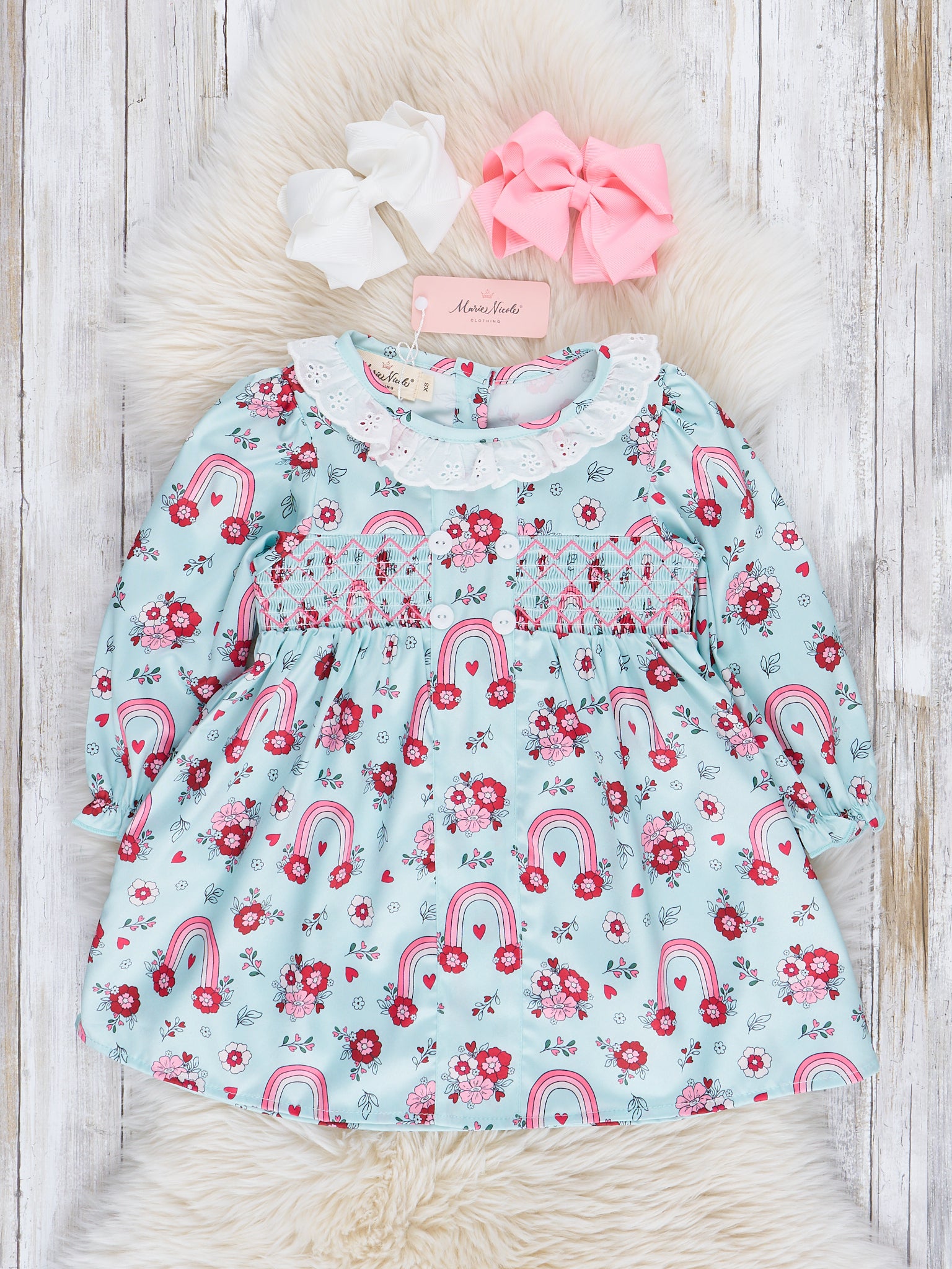 Mint Lace & Floral Rainbow Smocked Ruffle Dress - Marie Nicole Clothing