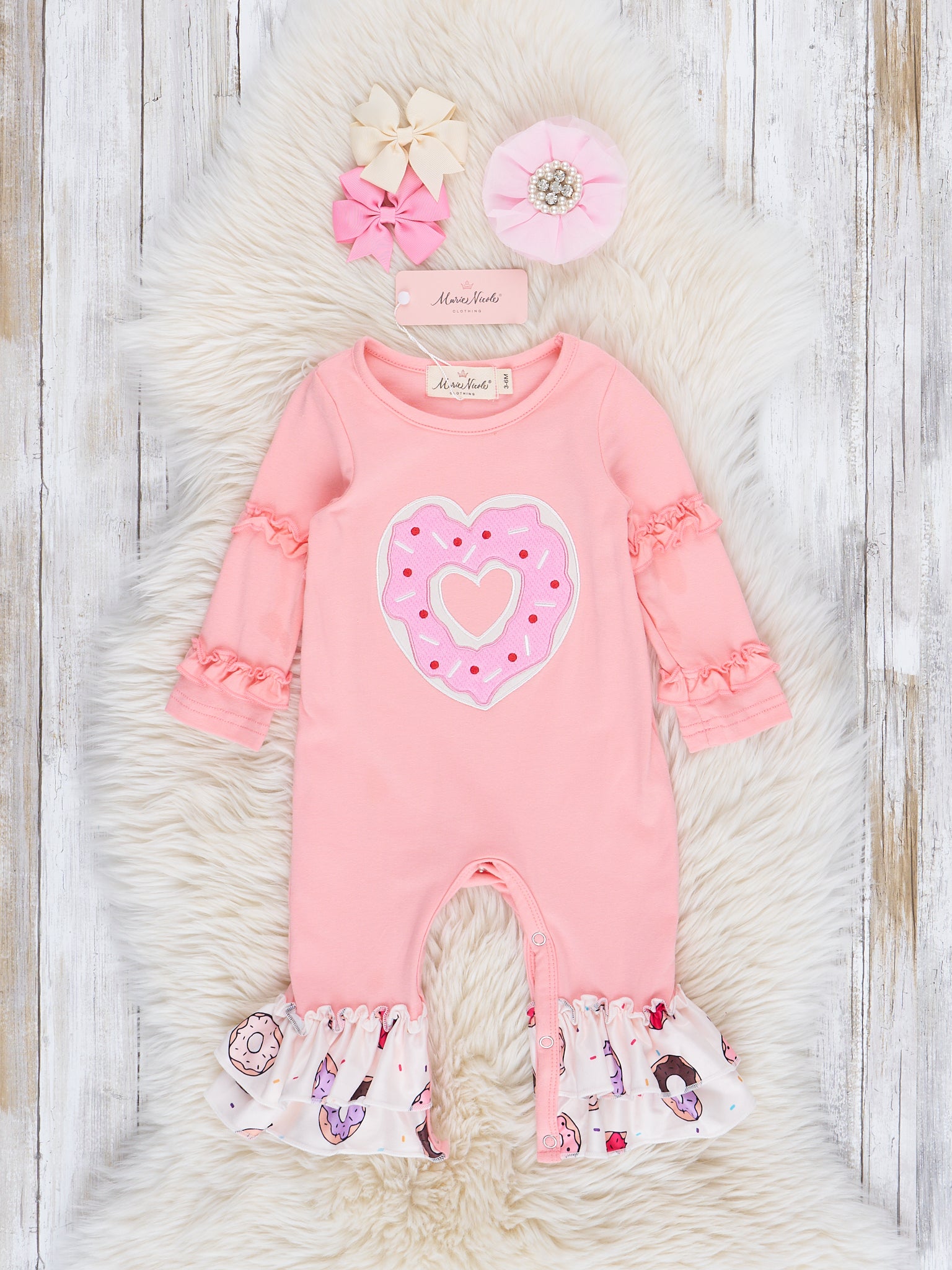 Coral & Brown Donut Hearts Ruffle Romper - Marie Nicole Clothing