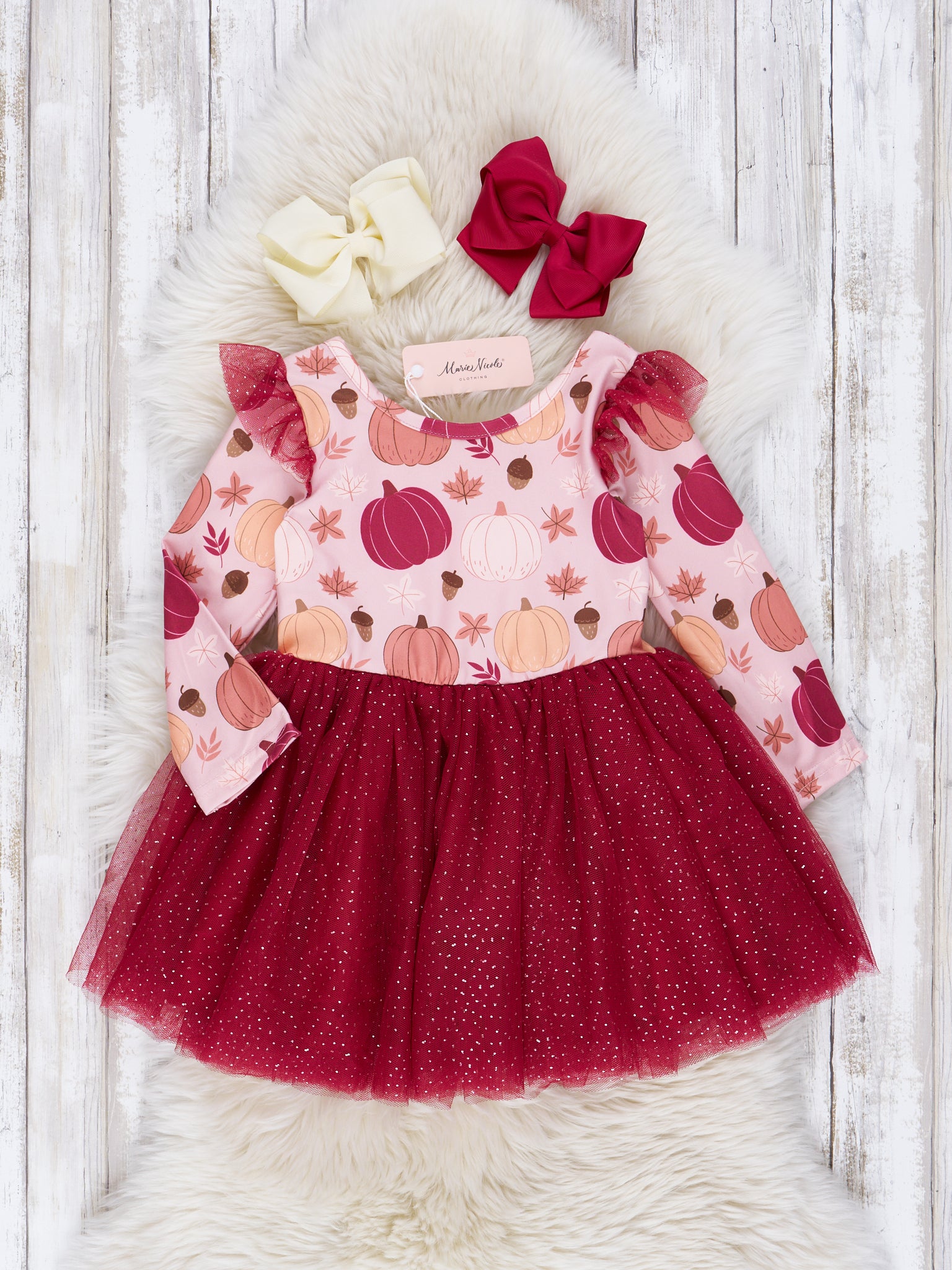 Maroon & Pink Pumpkins Tulle Dress - Marie Nicole Clothing