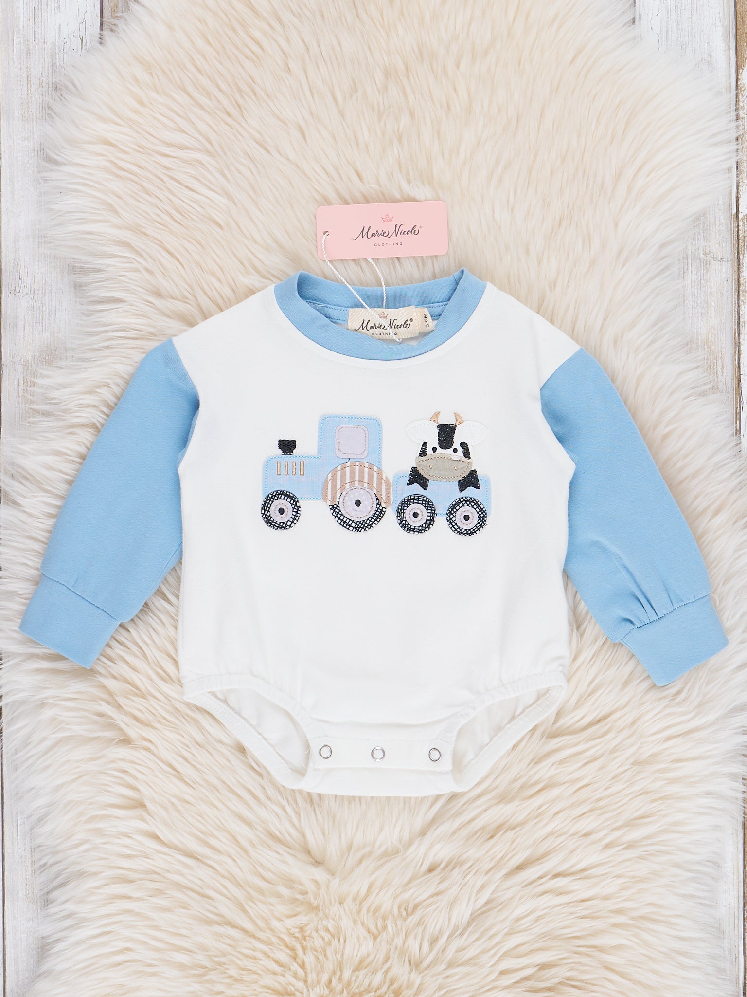 Blue & White Embroidered Cow Train Bubble Romper - Marie Nicole Clothing