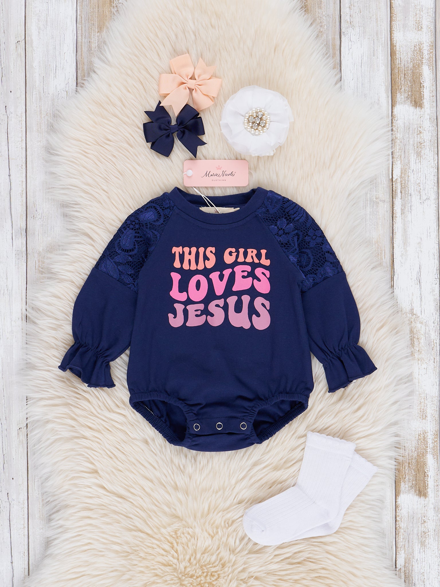 Navy Jesus Love Bubble Romper - Marie Nicole Clothing