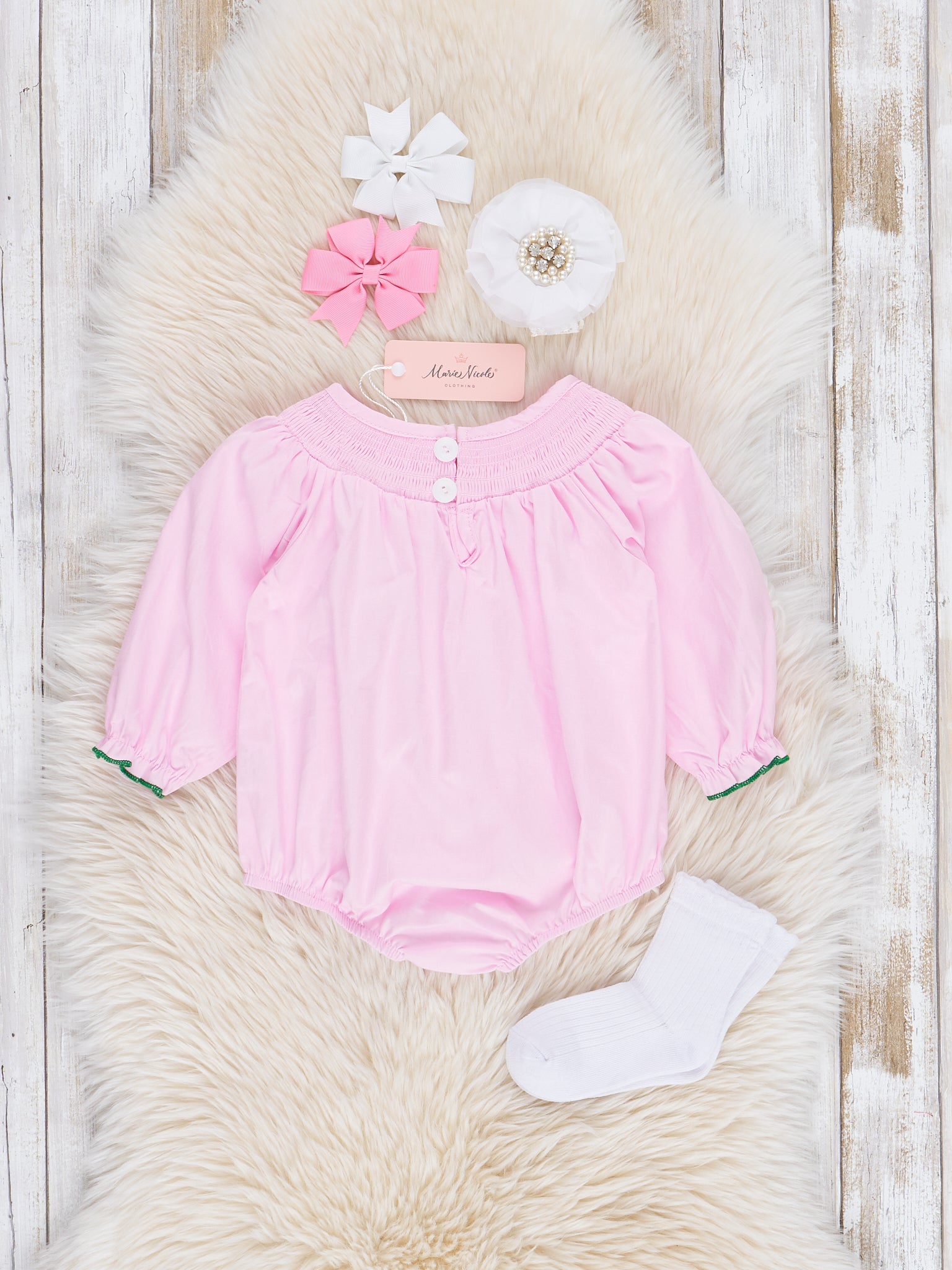Pink Smocked Holiday Berries Cotton Bubble Romper - Marie Nicole Clothing