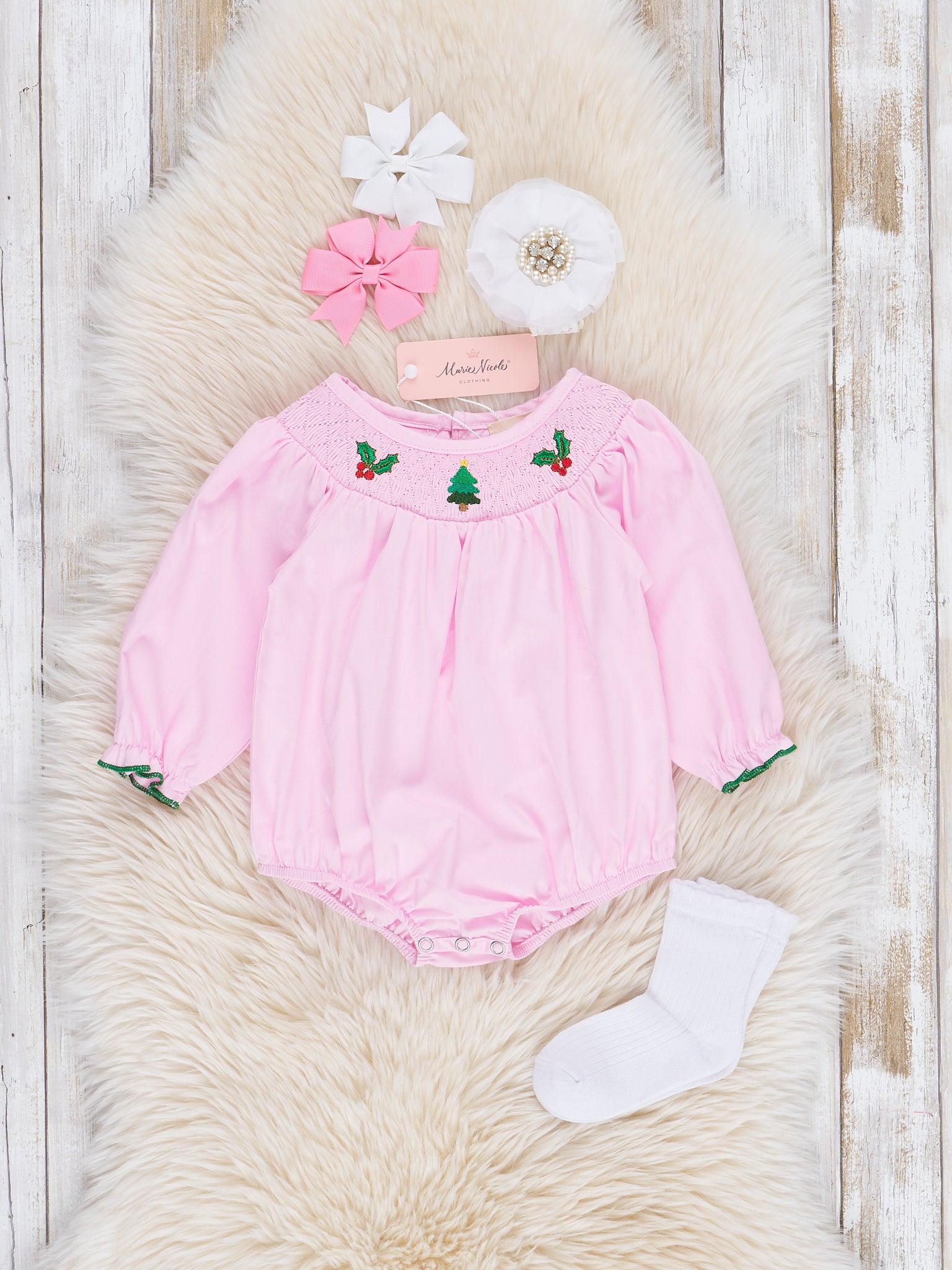 Pink Smocked Holiday Berries Cotton Bubble Romper - Marie Nicole Clothing