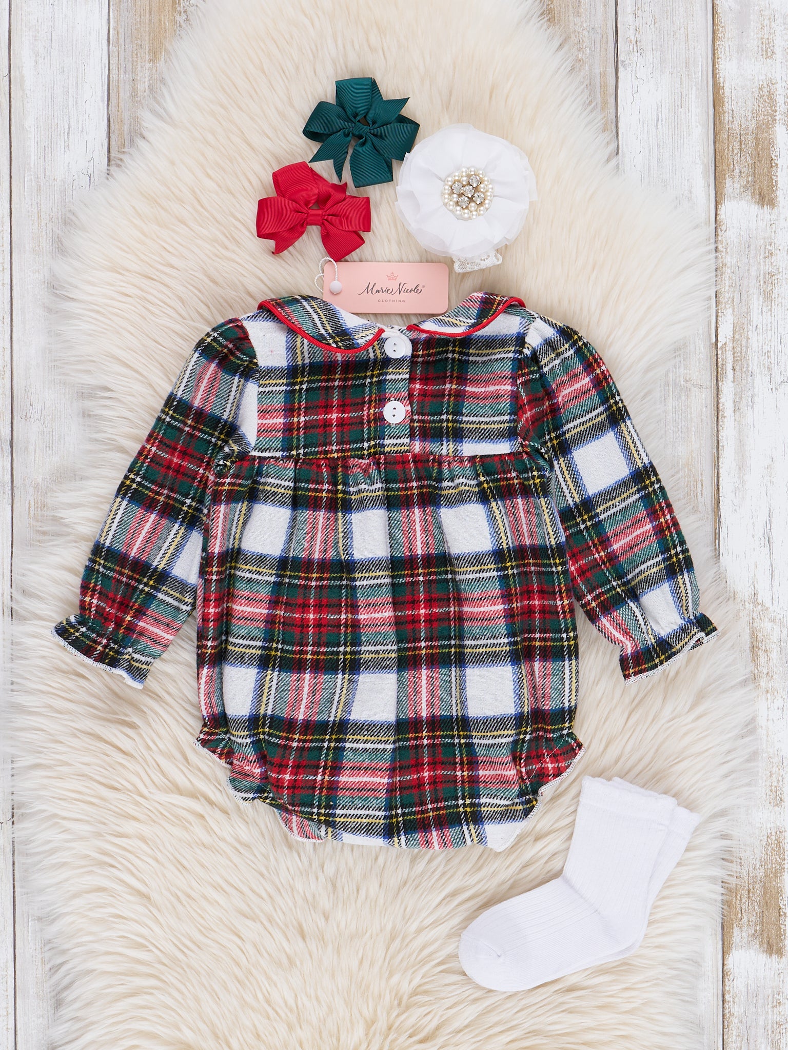 Red & Green Plaid Embroidered Gingerbread Ruffle Bubble Romper - Marie Nicole Clothing