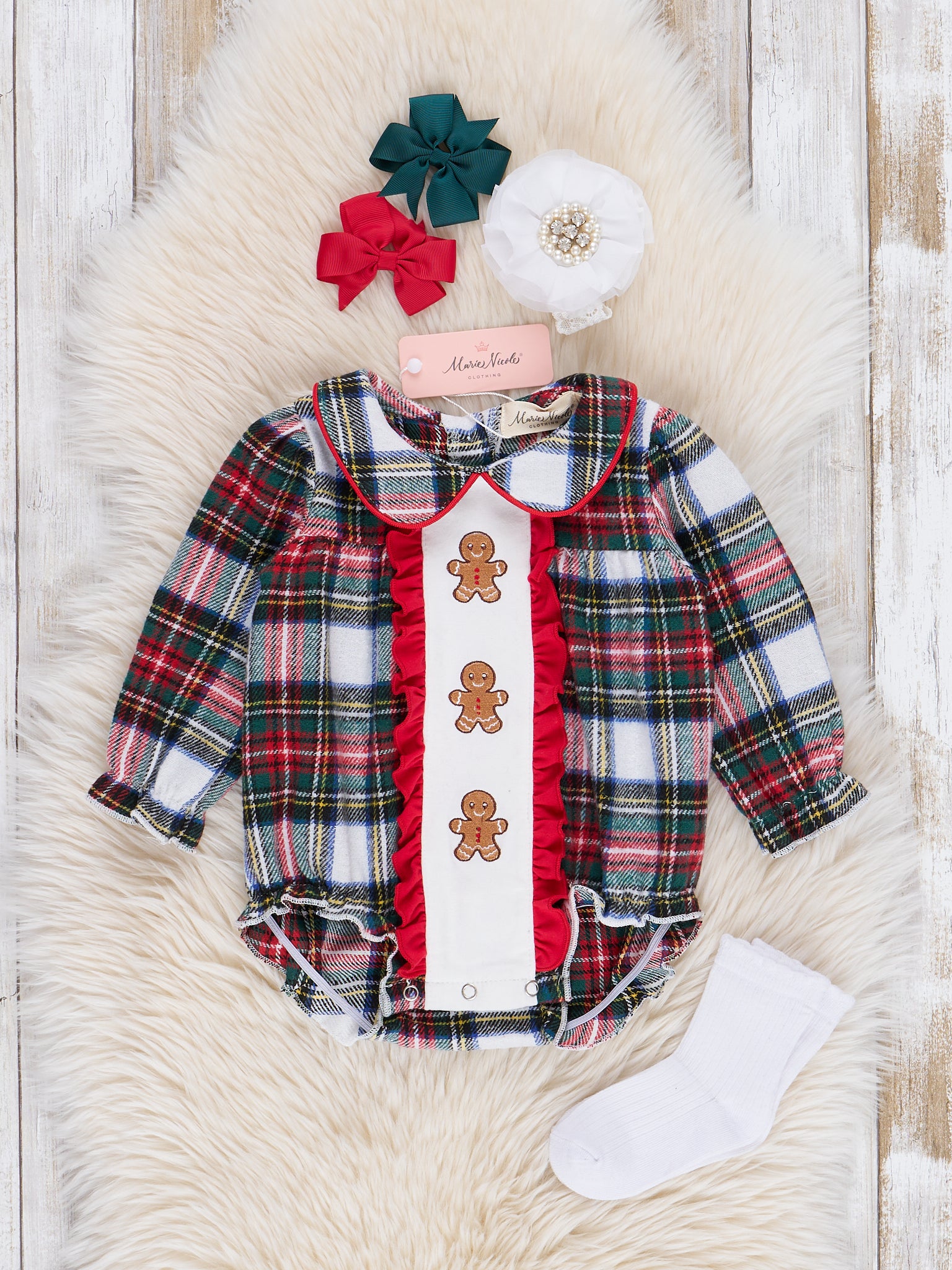 Red & Green Plaid Embroidered Gingerbread Ruffle Bubble Romper - Marie Nicole Clothing