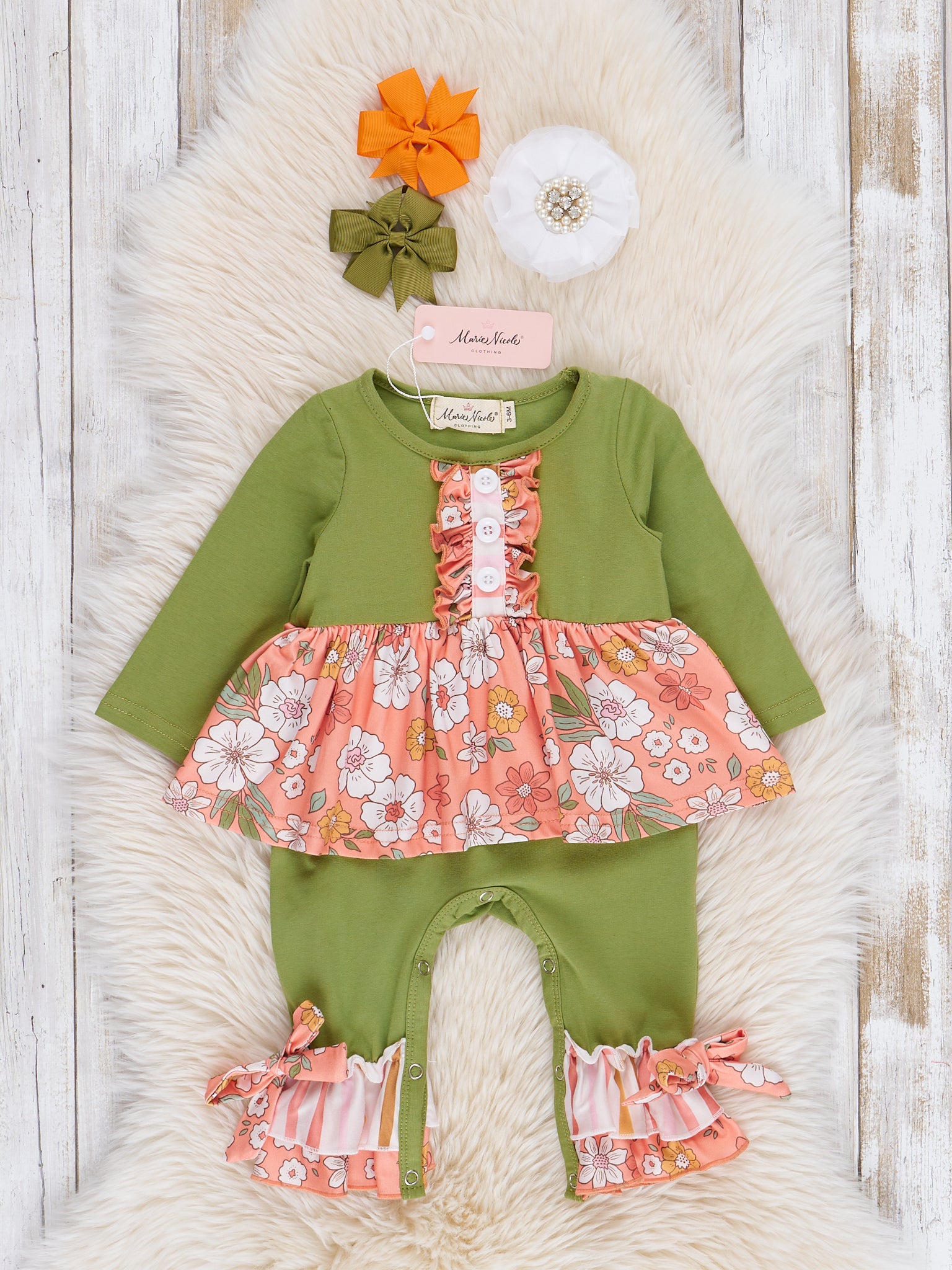 Peach & Green Garden Ruffle Romper - Marie Nicole Clothing