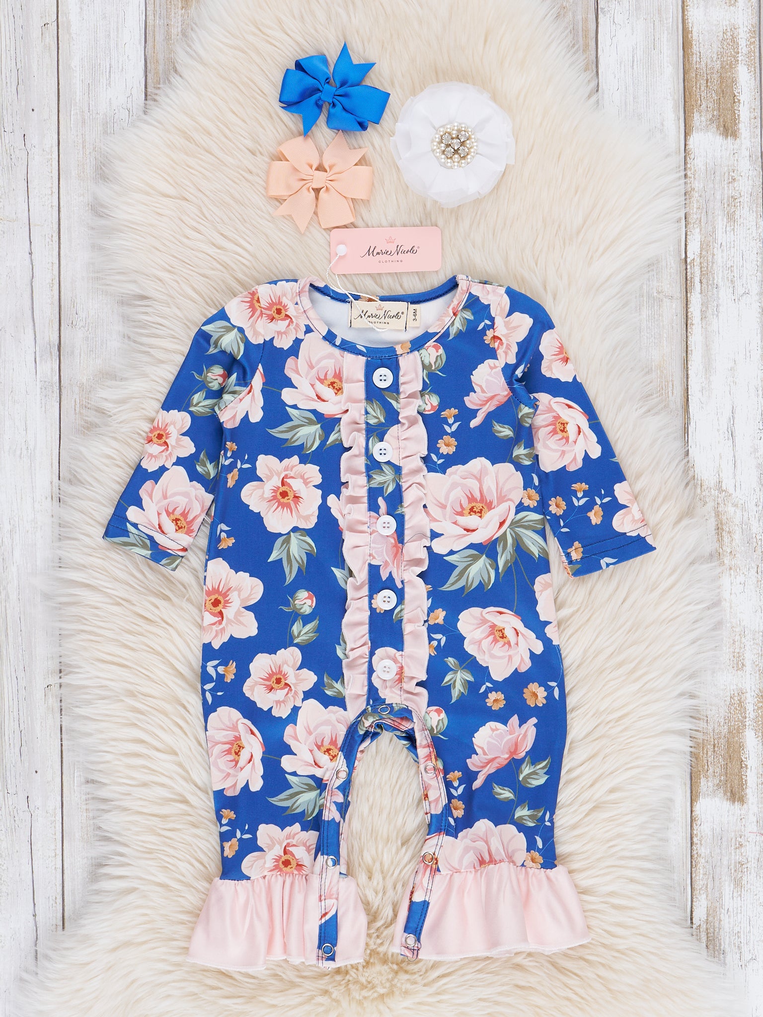 Blue & Pink Watercolor Roses Ruffle Romper - Marie Nicole Clothing
