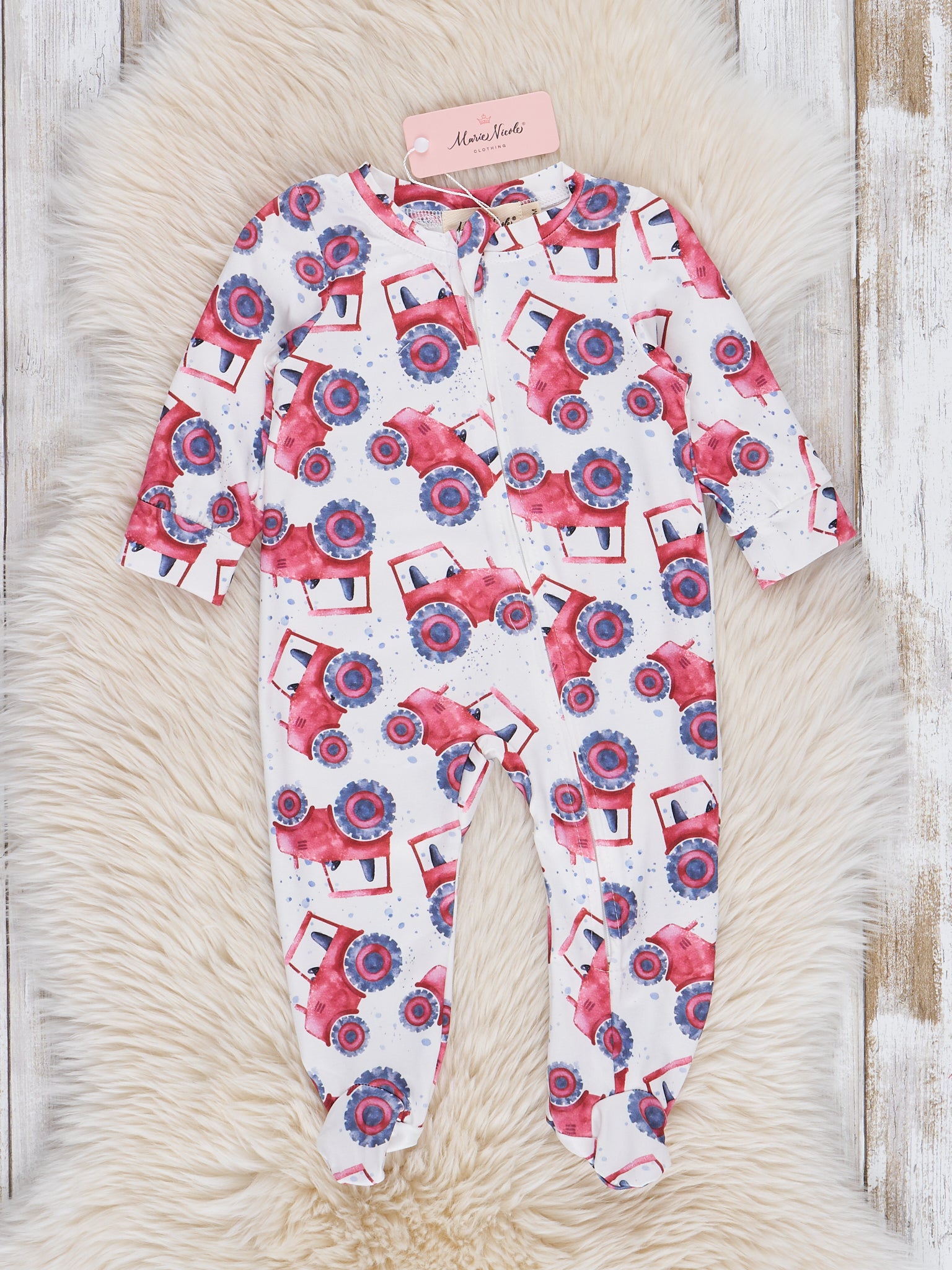 Bright Red Tractor Footed Sleeper Pajamas - Marie Nicole Clothing