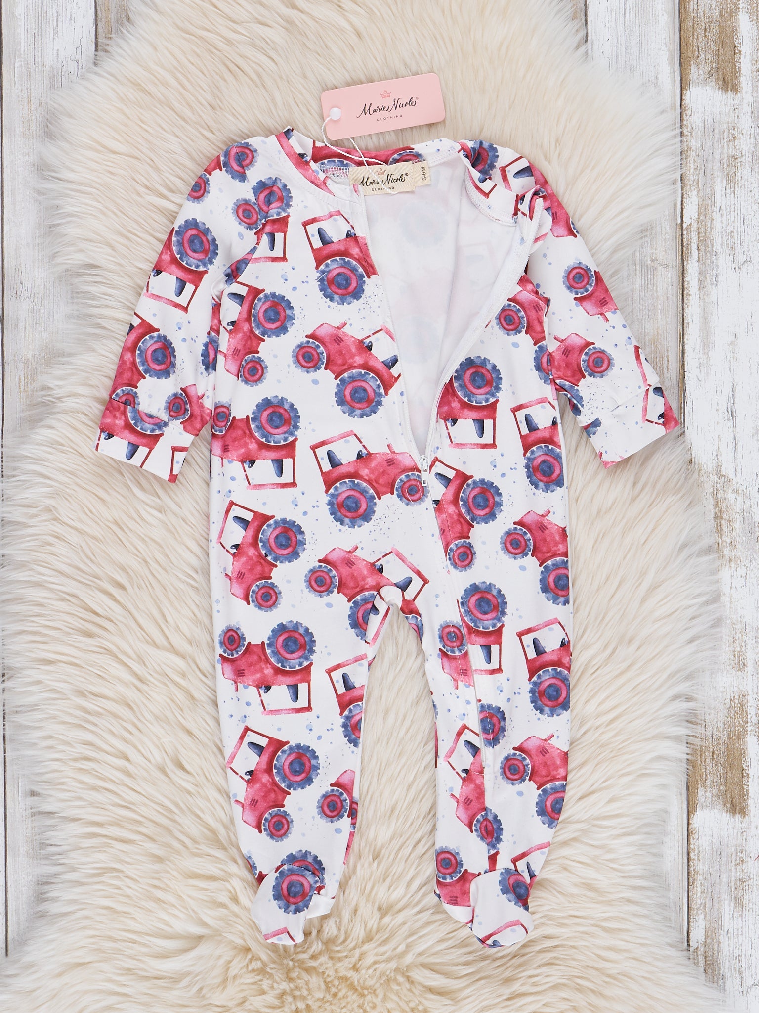 Bright Red Tractor Footed Sleeper Pajamas - Marie Nicole Clothing