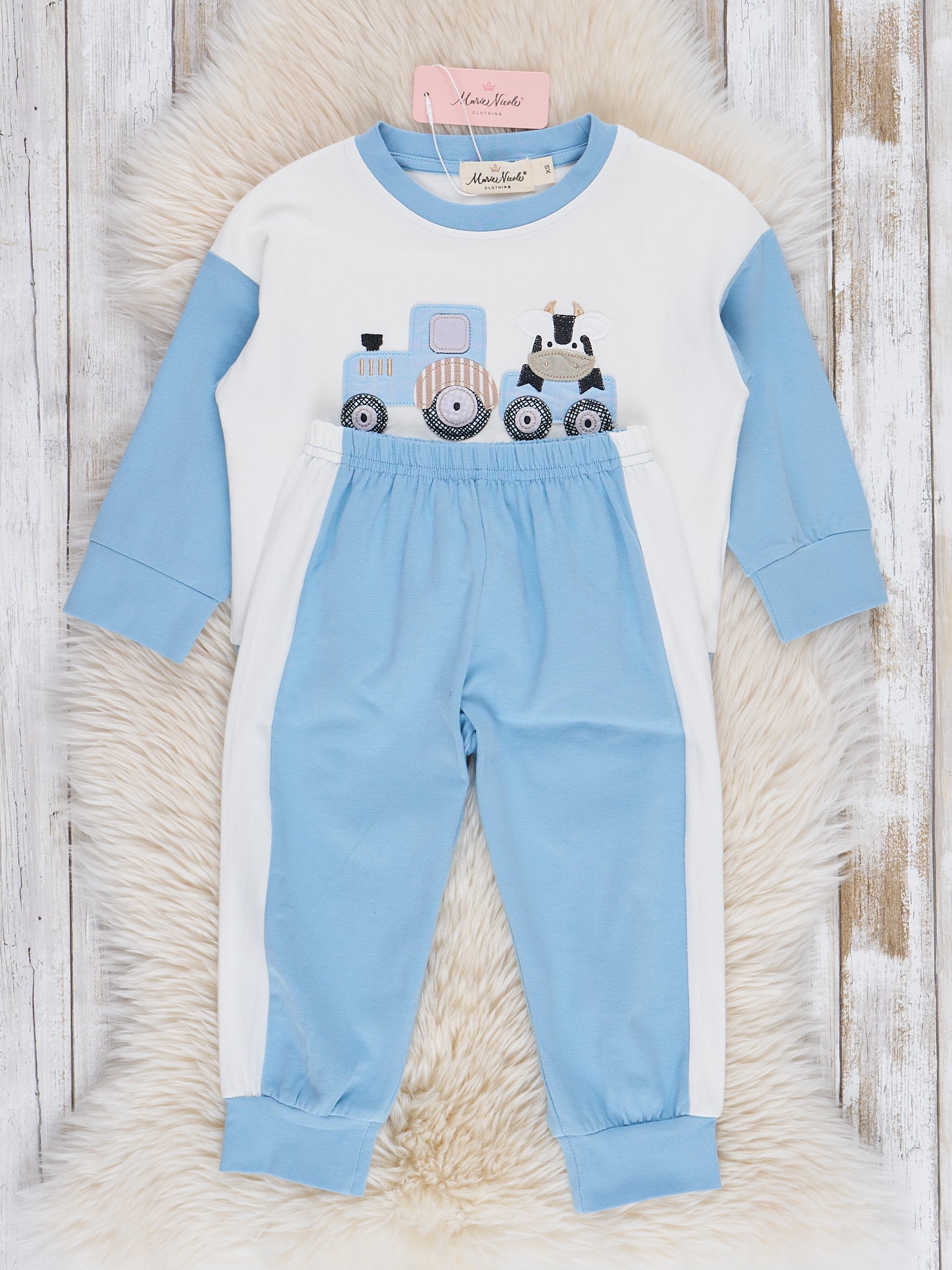 Blue & White Embroidered Cow Train Outfit - Marie Nicole Clothing