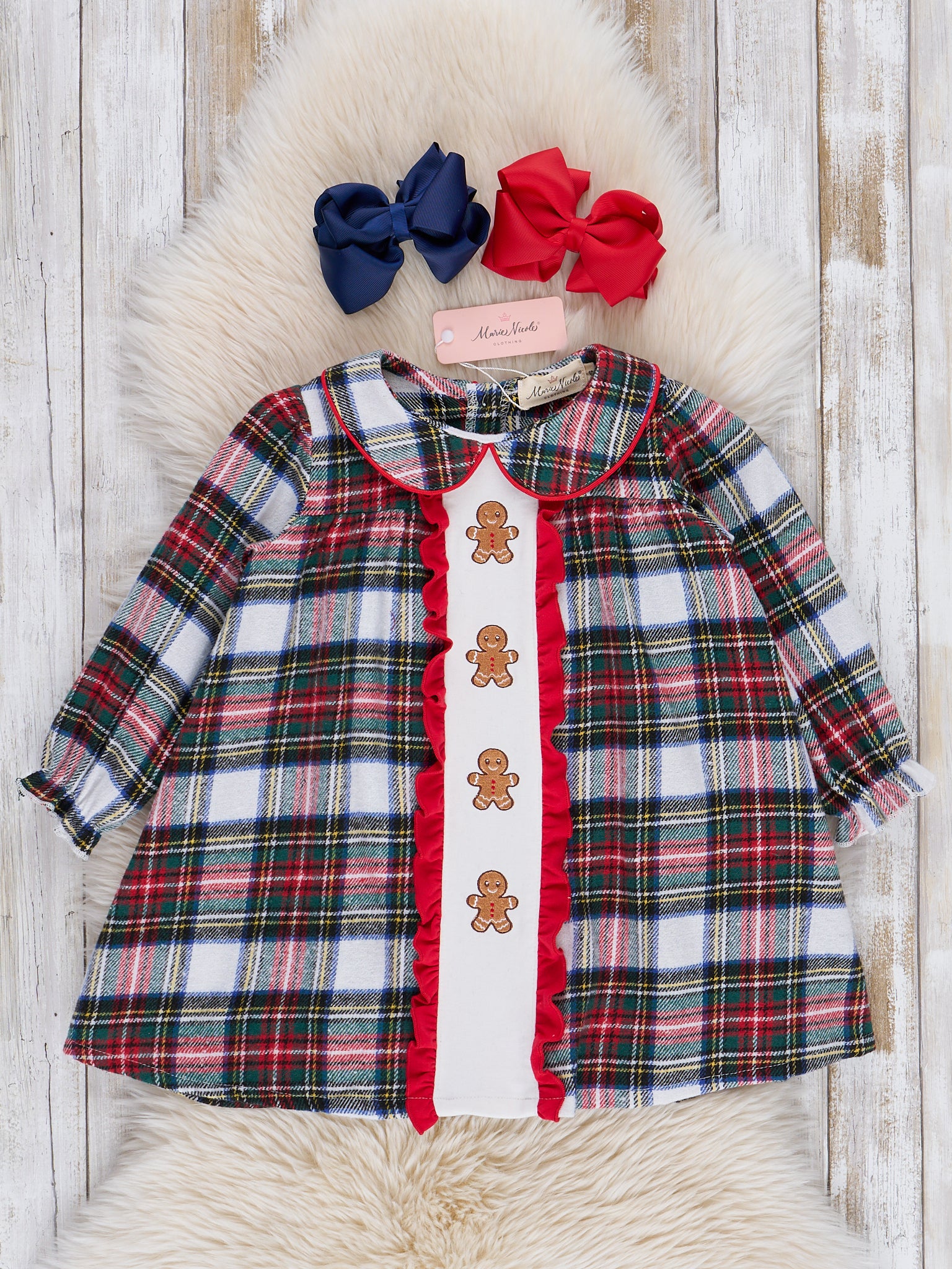 Red & Green Plaid Embroidered Gingerbread Ruffle Dress - Marie Nicole Clothing