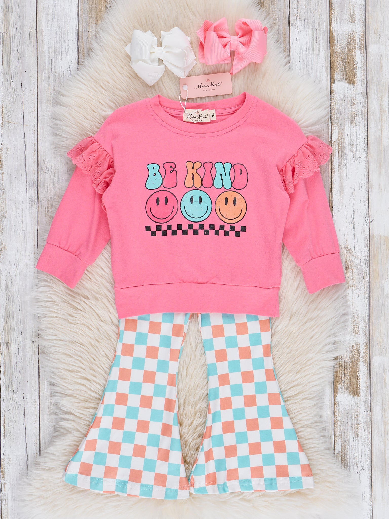 Kindness Checkers Flare Pants Outfit - Marie Nicole Clothing