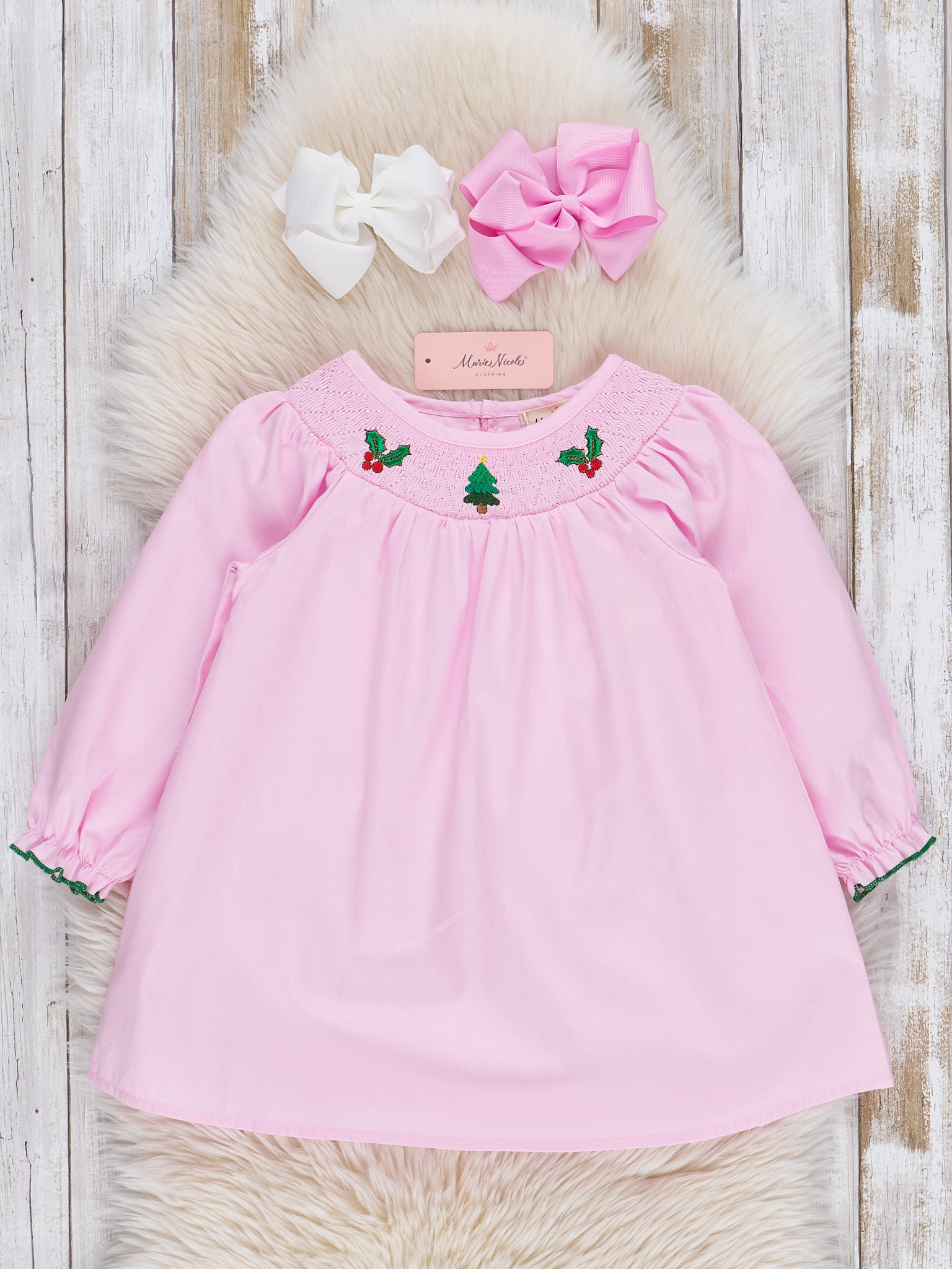 Pink Smocked Holiday Berries Cotton Dress - Marie Nicole Clothing