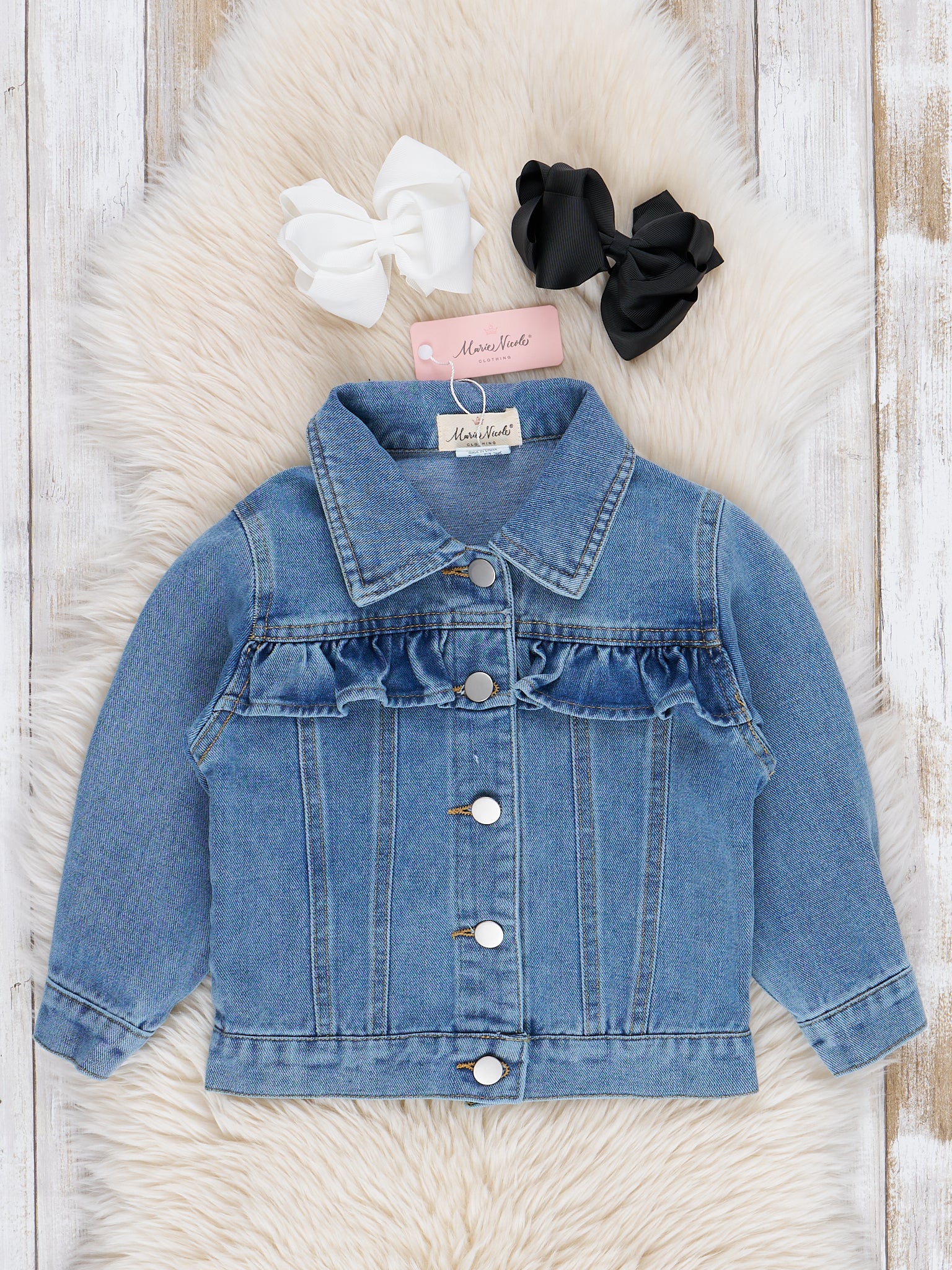 Light Wash Ruffle Denim Jacket - Marie Nicole Clothing