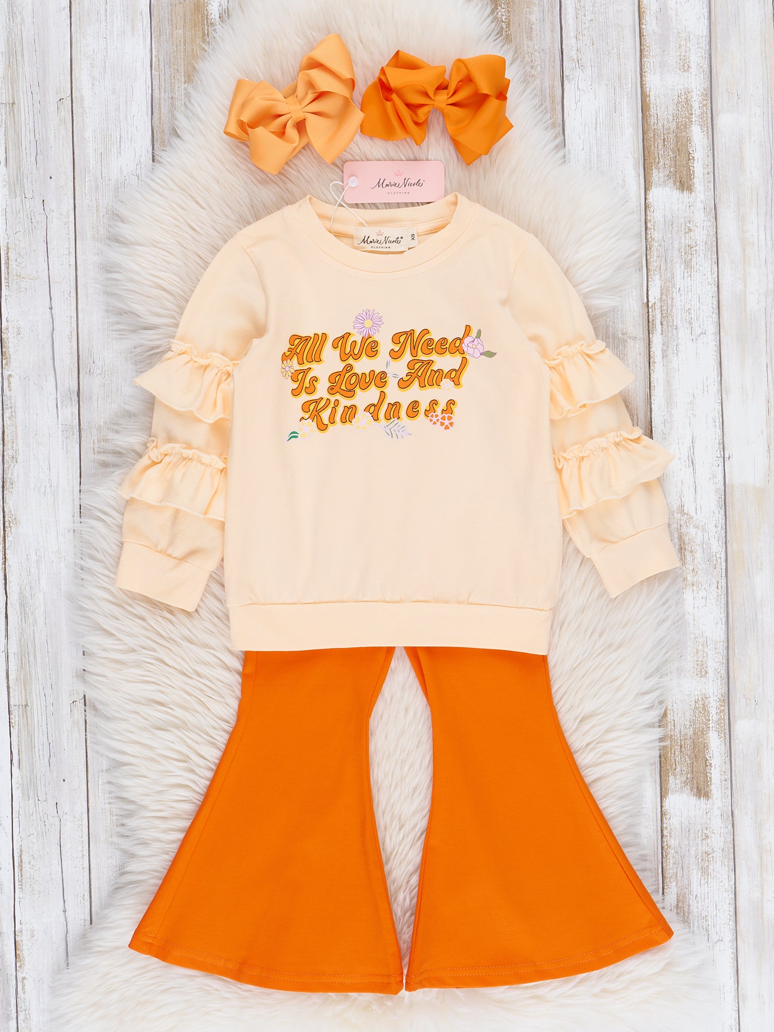 "Love & Kindness" Orange Ruffle Bell Bottoms Outfit - Marie Nicole Clothing