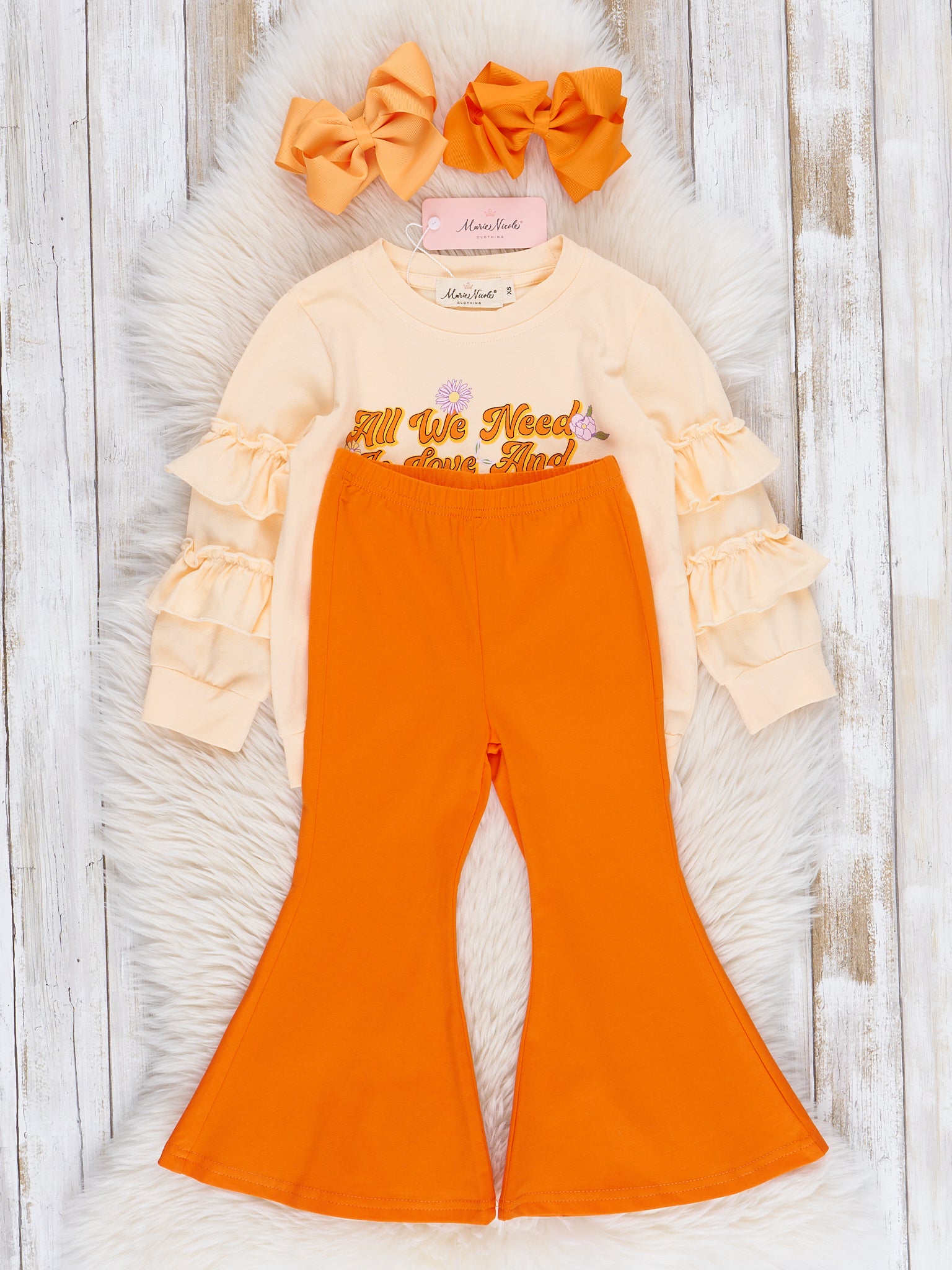 "Love & Kindness" Orange Ruffle Bell Bottoms Outfit - Marie Nicole Clothing