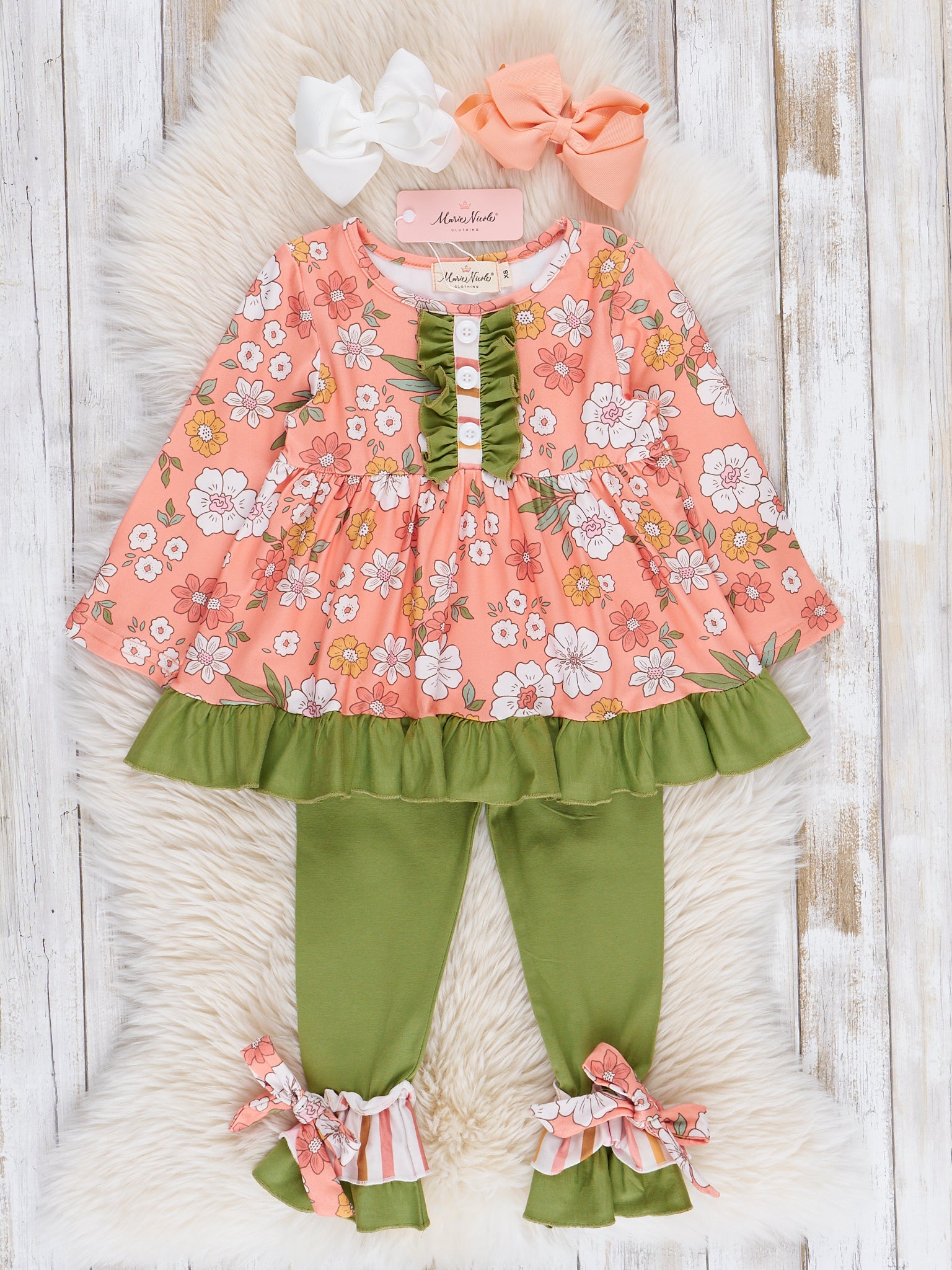 Peach & Green Garden Ruffle Outfit - Marie Nicole Clothing