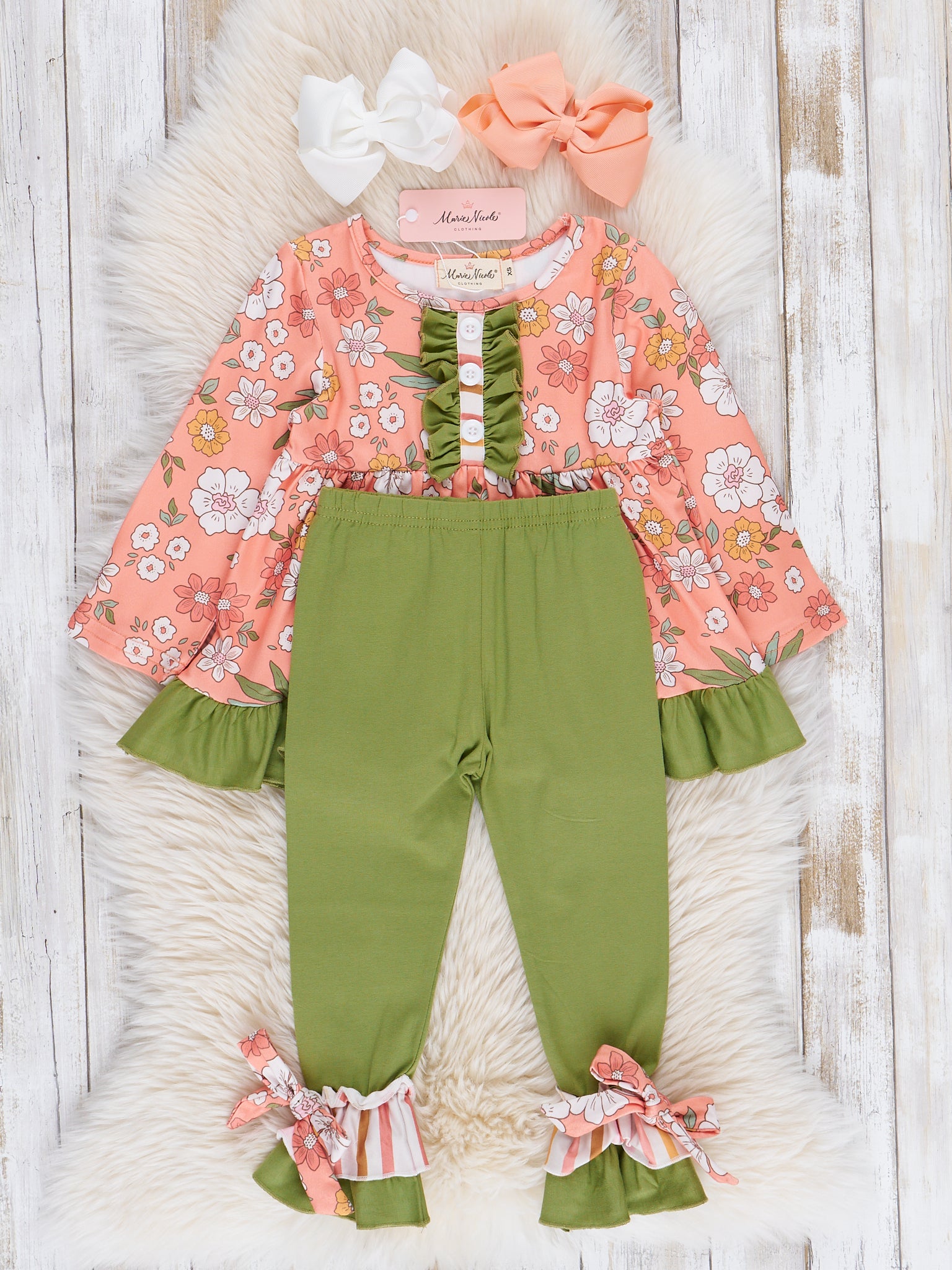 Peach & Green Garden Ruffle Outfit - Marie Nicole Clothing